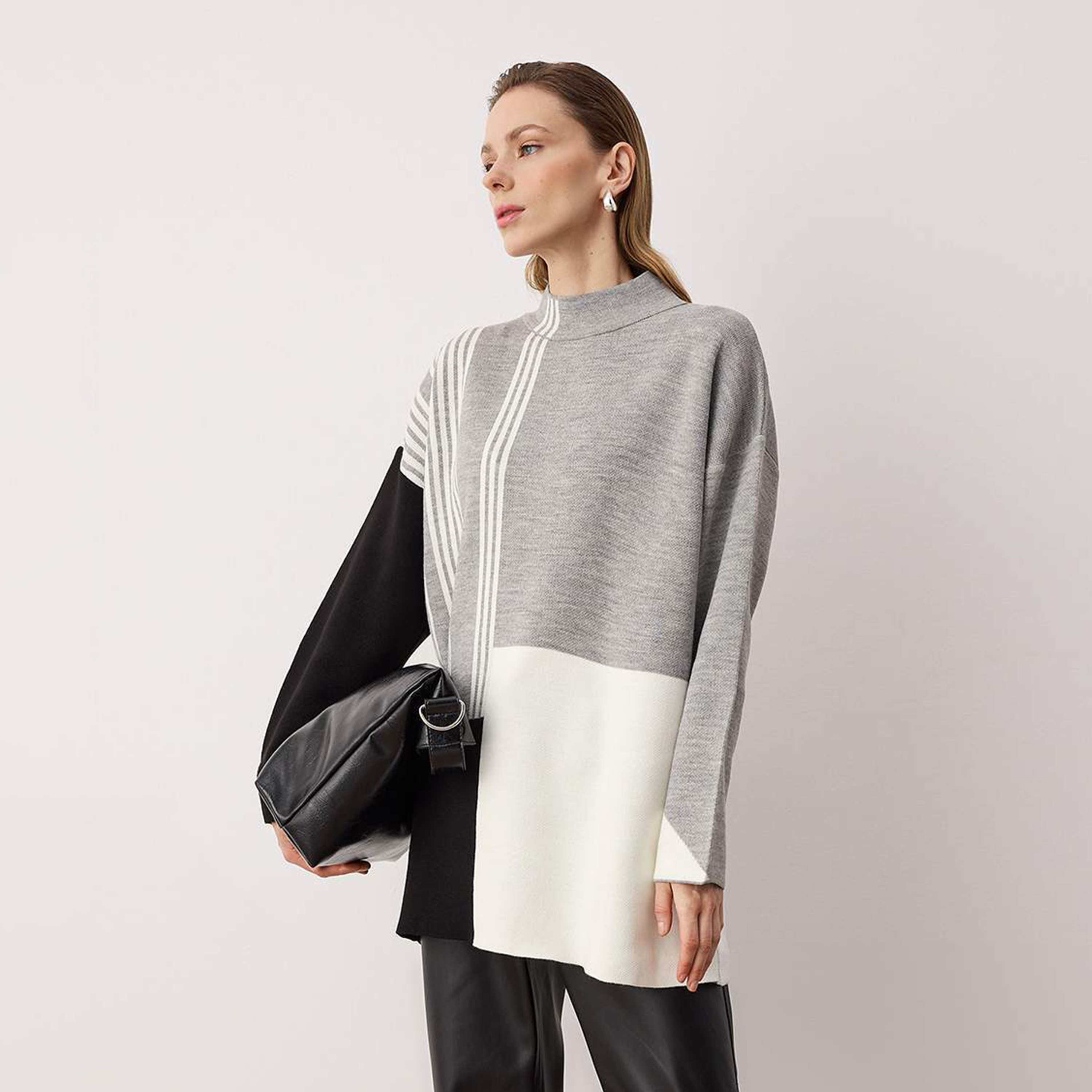 Trendyol Modest Grey Color-Blocked Mock Neck Dropped Sleeves Women's Sweater-women-winterwear-cardigansandjumpers-jumpers-image-1