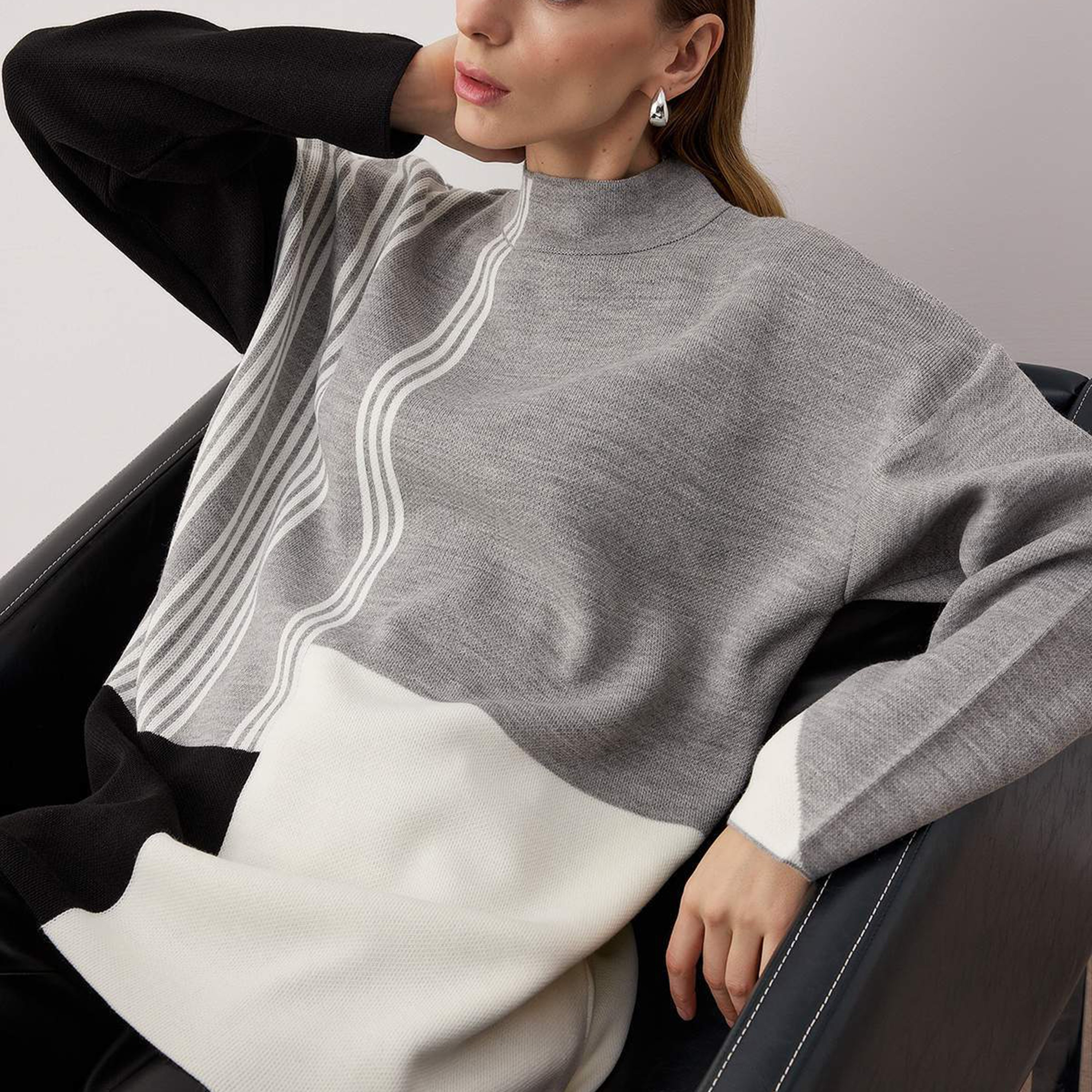Trendyol Modest Grey Color-Blocked Mock Neck Dropped Sleeves Women's Sweater-women-winterwear-cardigansandjumpers-jumpers-image-5