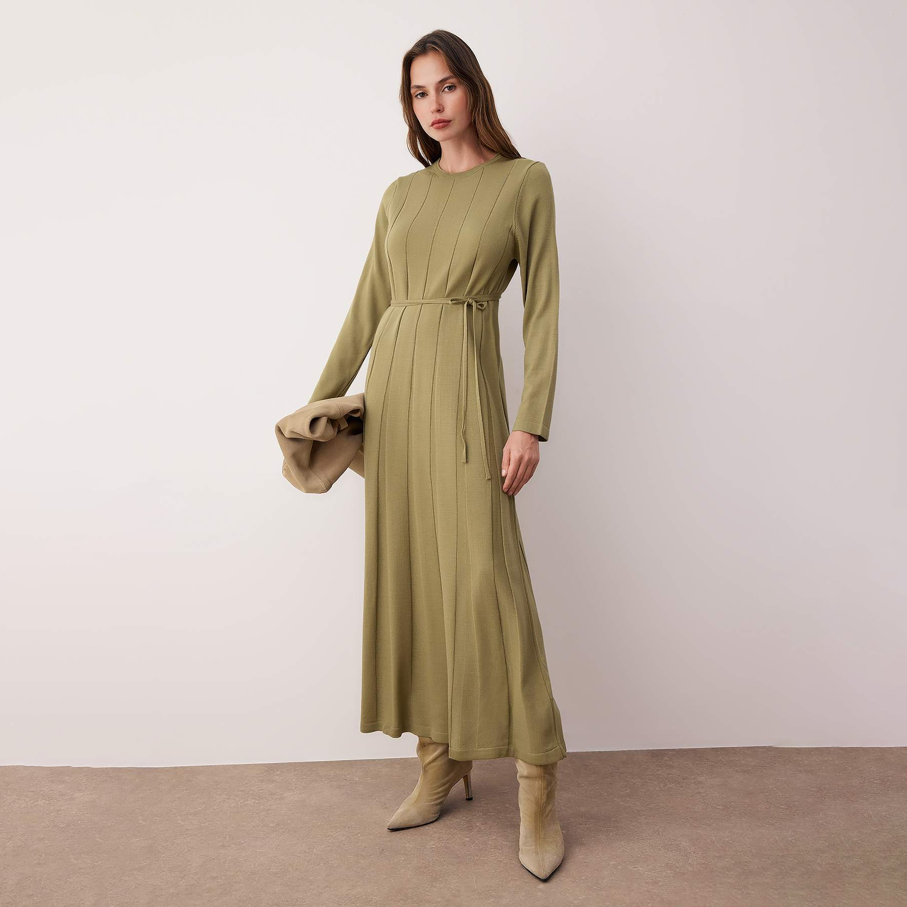 Trendyol Modest Green Panel Textured Fitted Sleeves Fit & Flared Women's Midi Dress-women-clothing-dresses-image-1