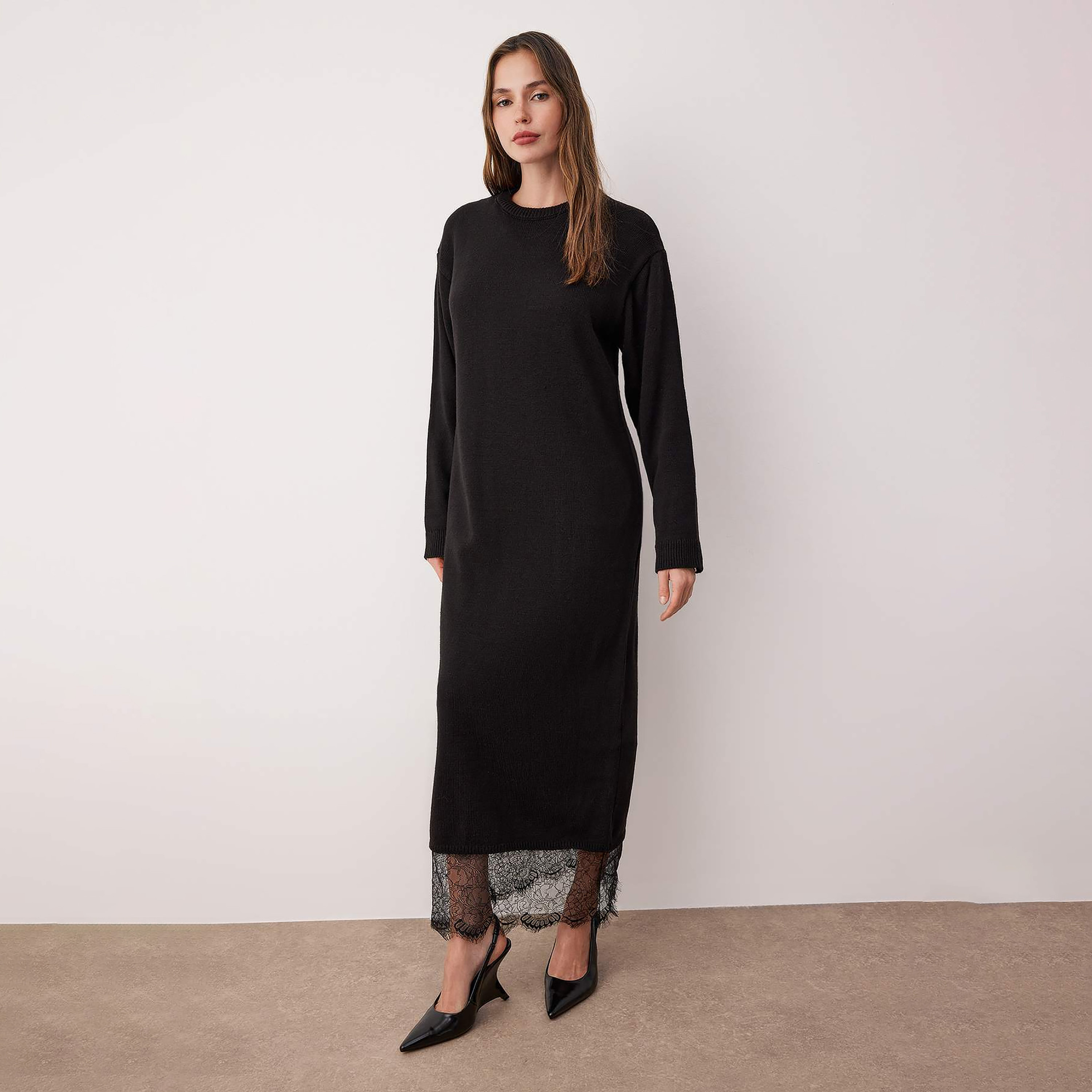 Trendyol Modest Black Lace Trim Dropped Sleeves Straight Women's Maxi Dress-women-clothing-dresses-image-1