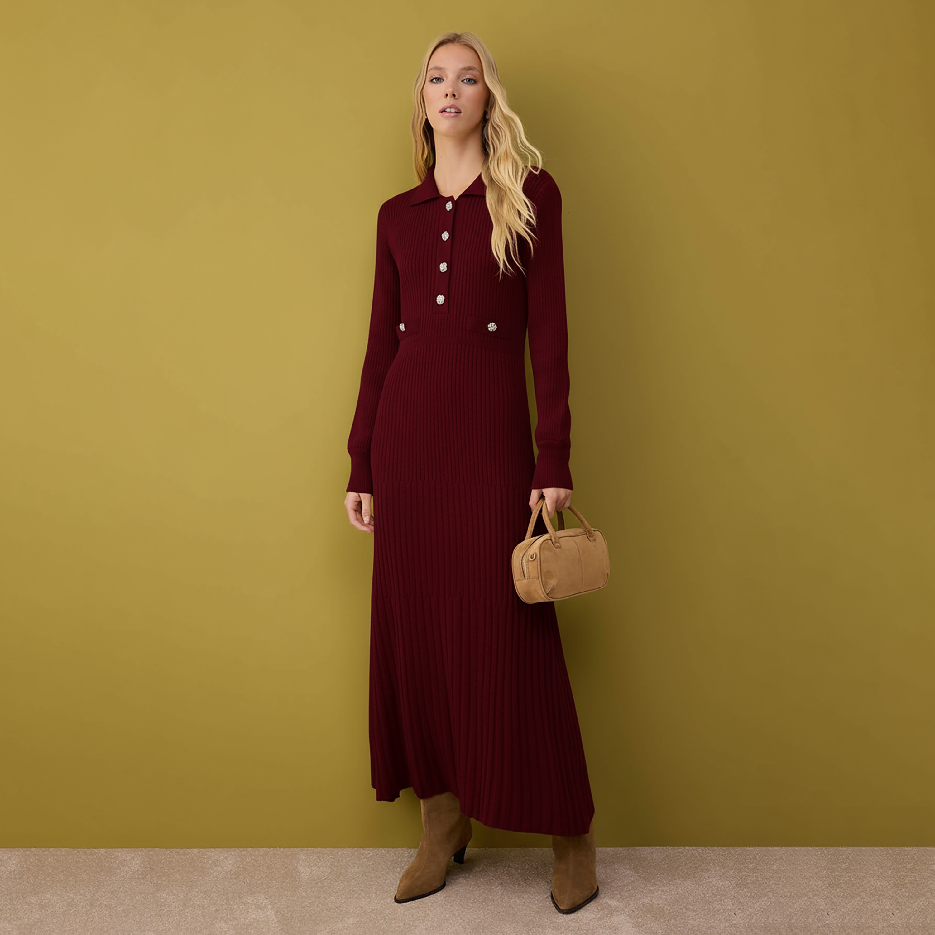 فستان ماكسي حريمي محتشم بتريكو مضلع بياقة وأكمام ضيقة من ترينديول-women-clothing-dresses-image-1