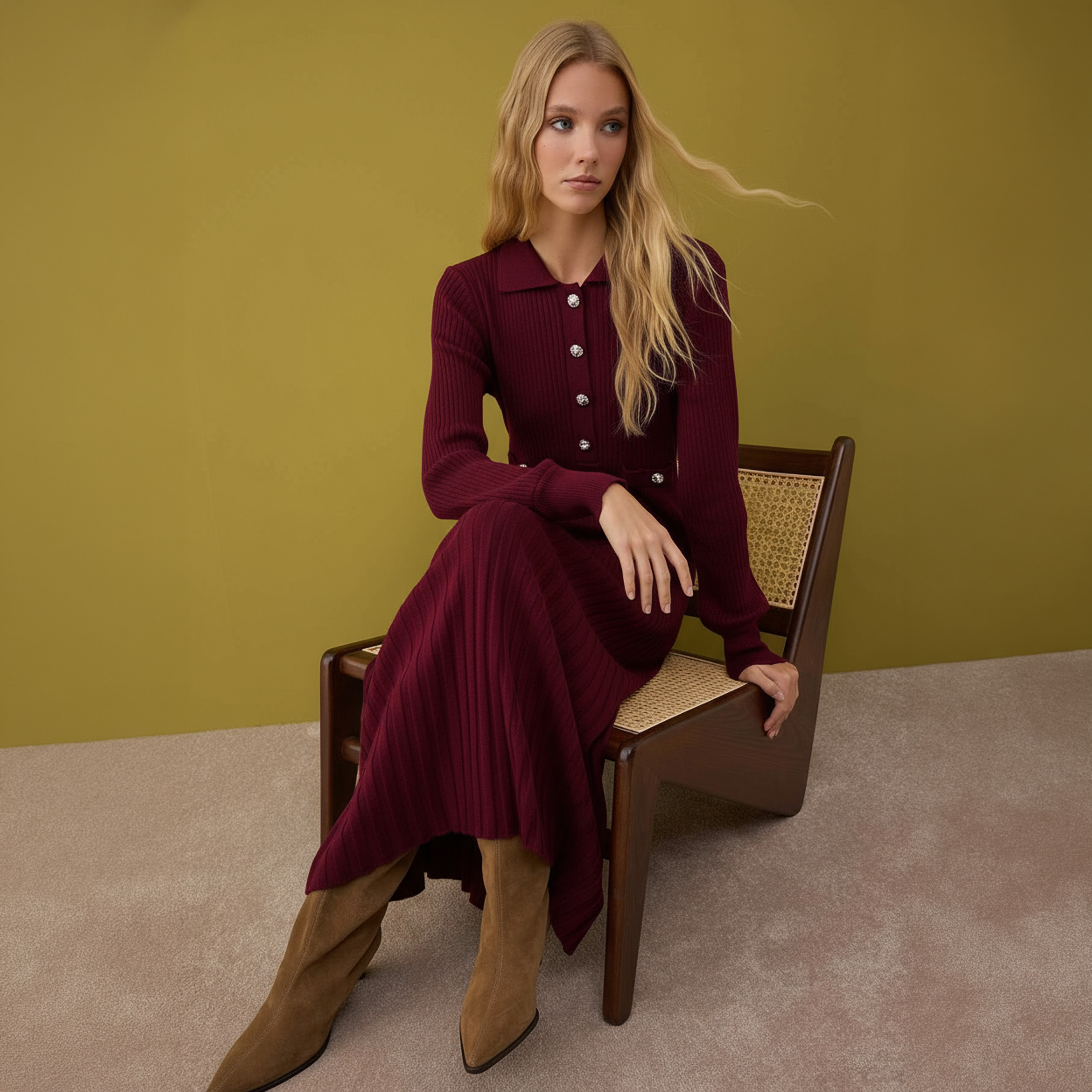 فستان ماكسي حريمي محتشم بتريكو مضلع بياقة وأكمام ضيقة من ترينديول-women-clothing-dresses-image-2