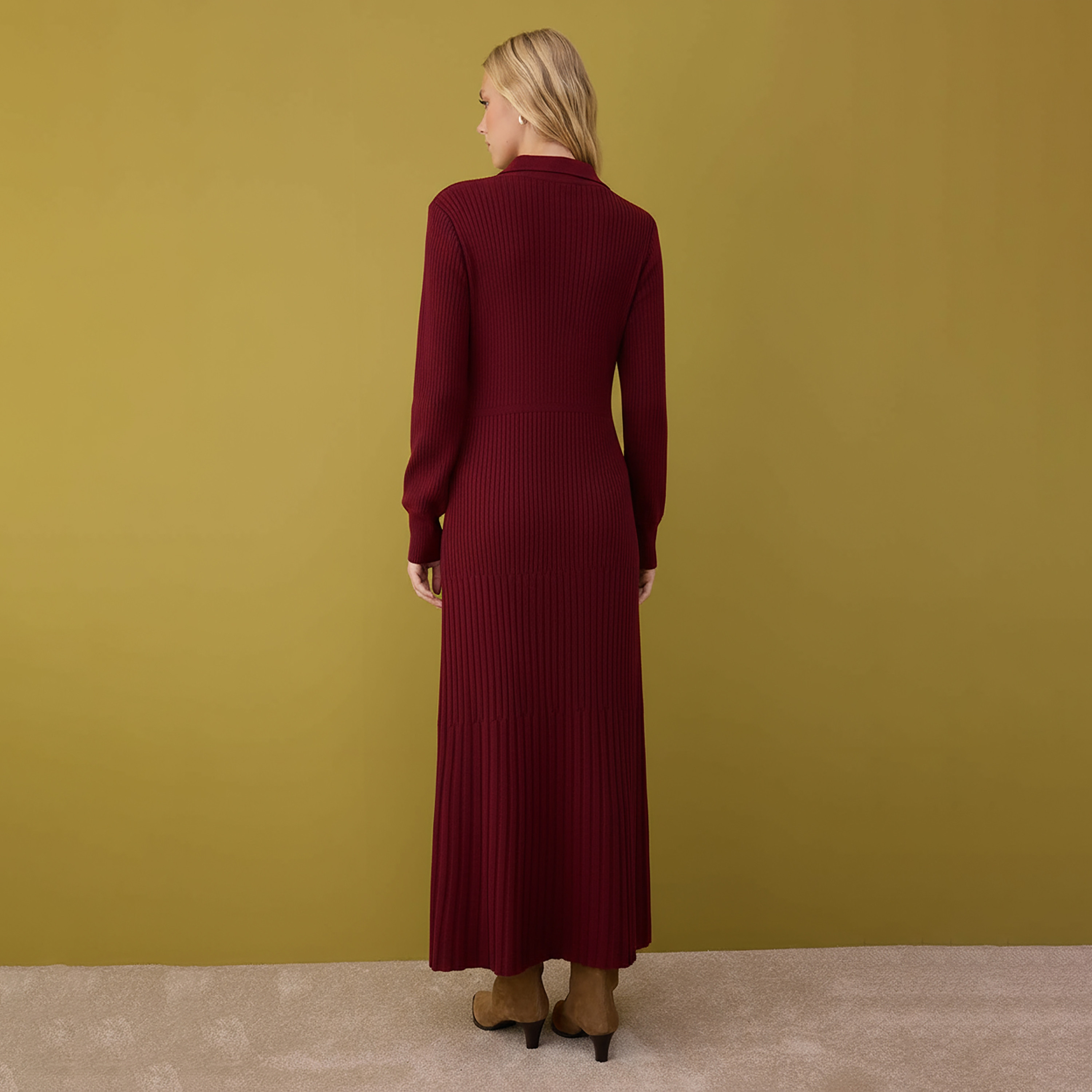 فستان ماكسي حريمي محتشم بتريكو مضلع بياقة وأكمام ضيقة من ترينديول-women-clothing-dresses-image-3