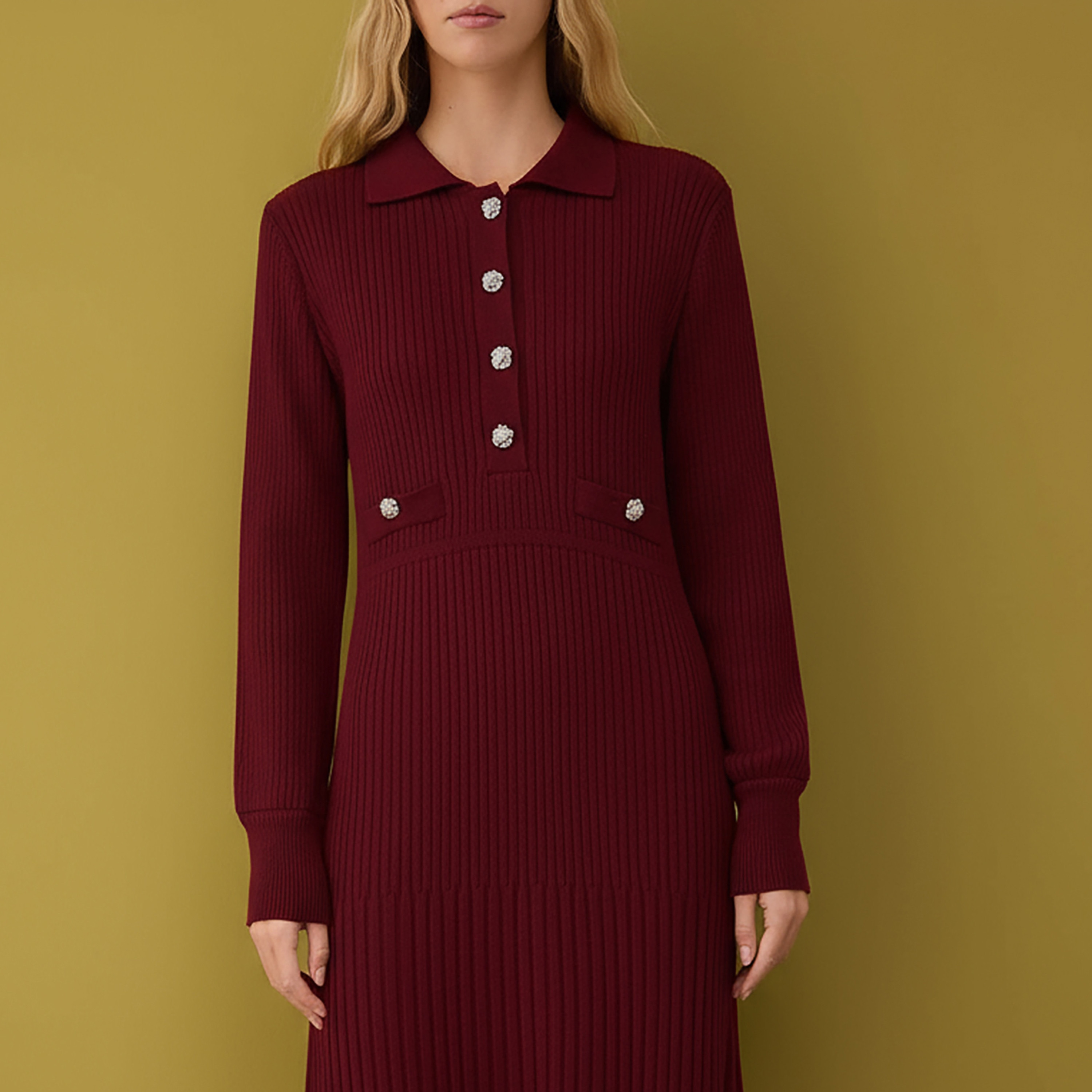 فستان ماكسي حريمي محتشم بتريكو مضلع بياقة وأكمام ضيقة من ترينديول-women-clothing-dresses-image-4
