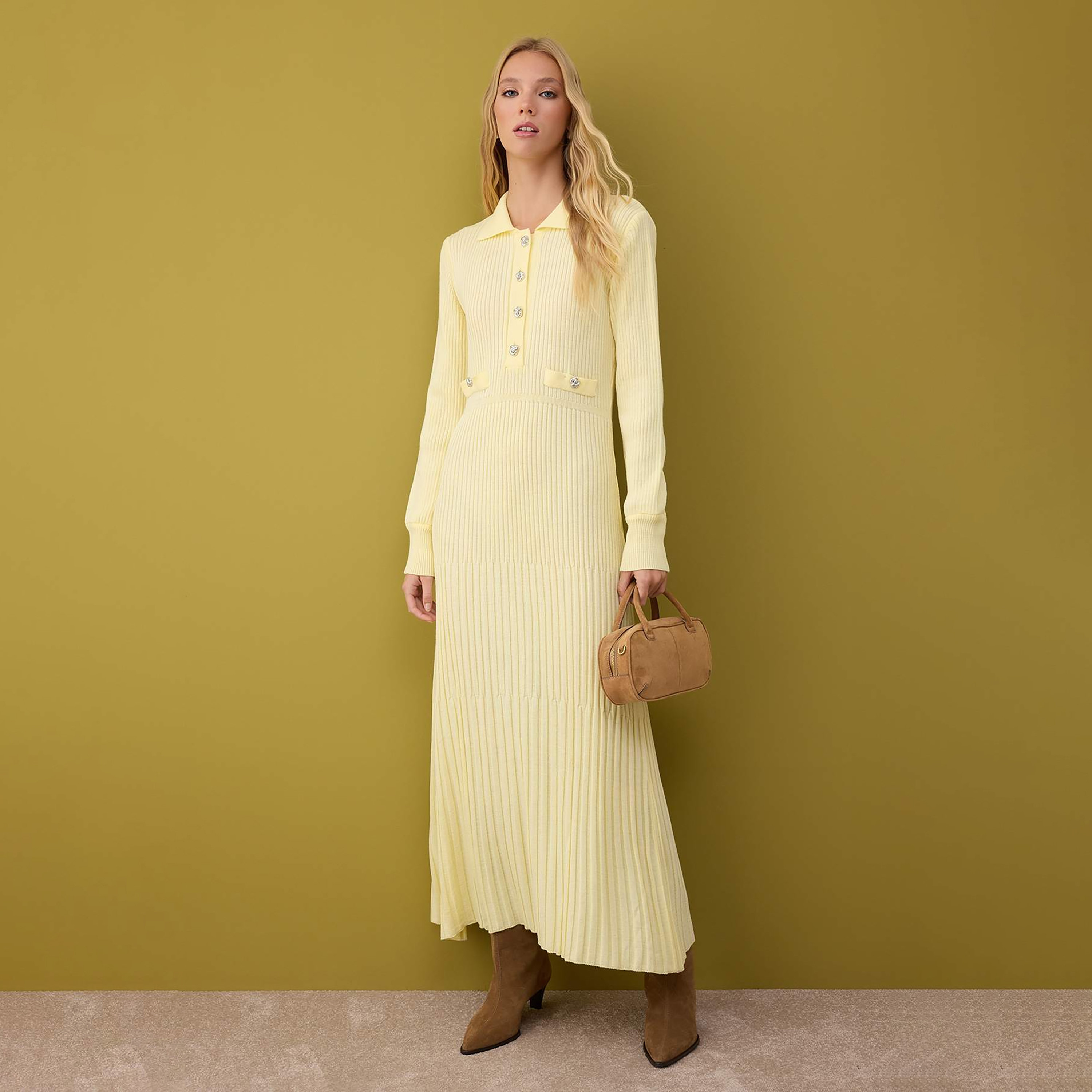 فستان ماكسي حريمي محتشم بتريكو مضلع بياقة وأكمام ضيقة من ترينديول-women-clothing-dresses-image-1