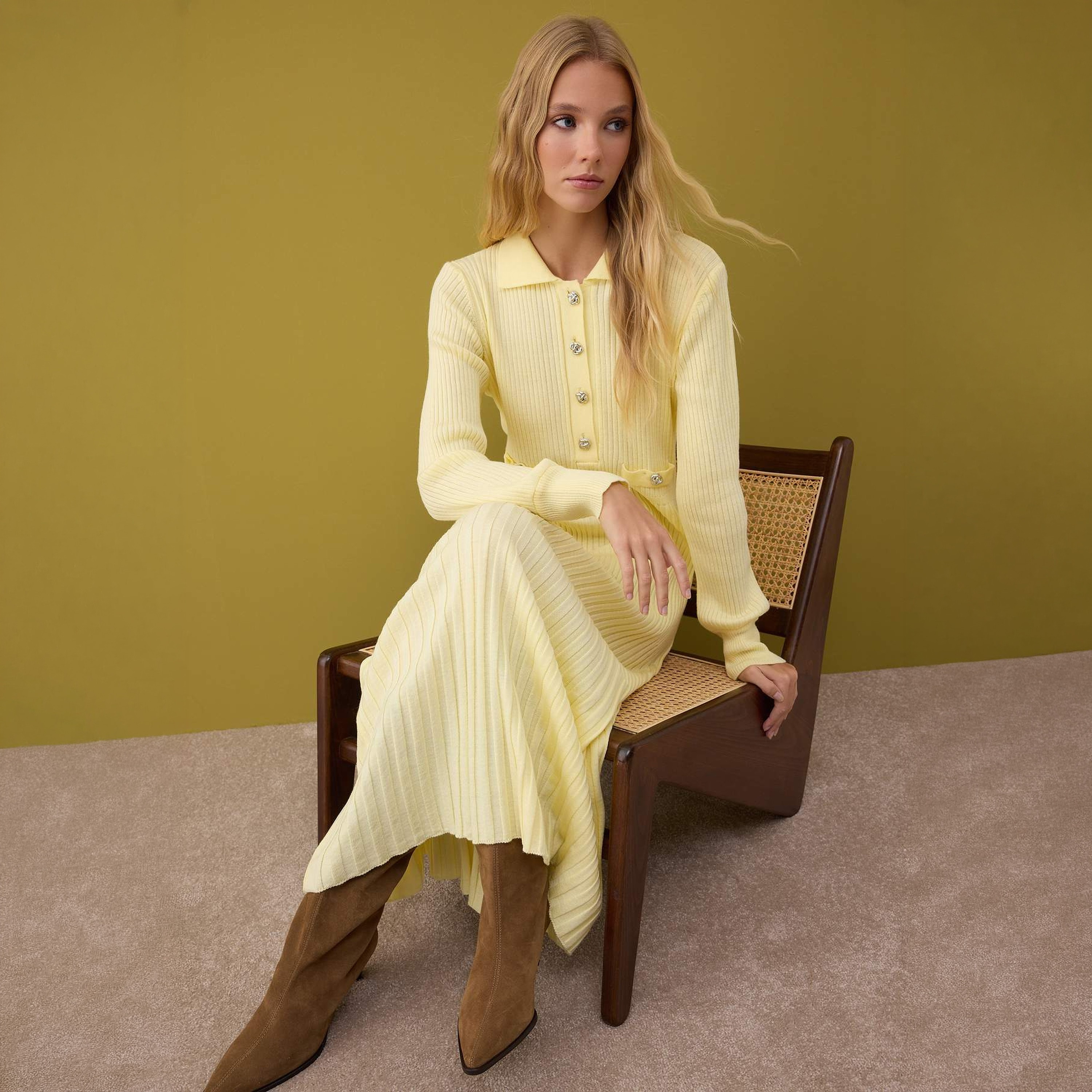 فستان ماكسي حريمي محتشم بتريكو مضلع بياقة وأكمام ضيقة من ترينديول-women-clothing-dresses-image-2
