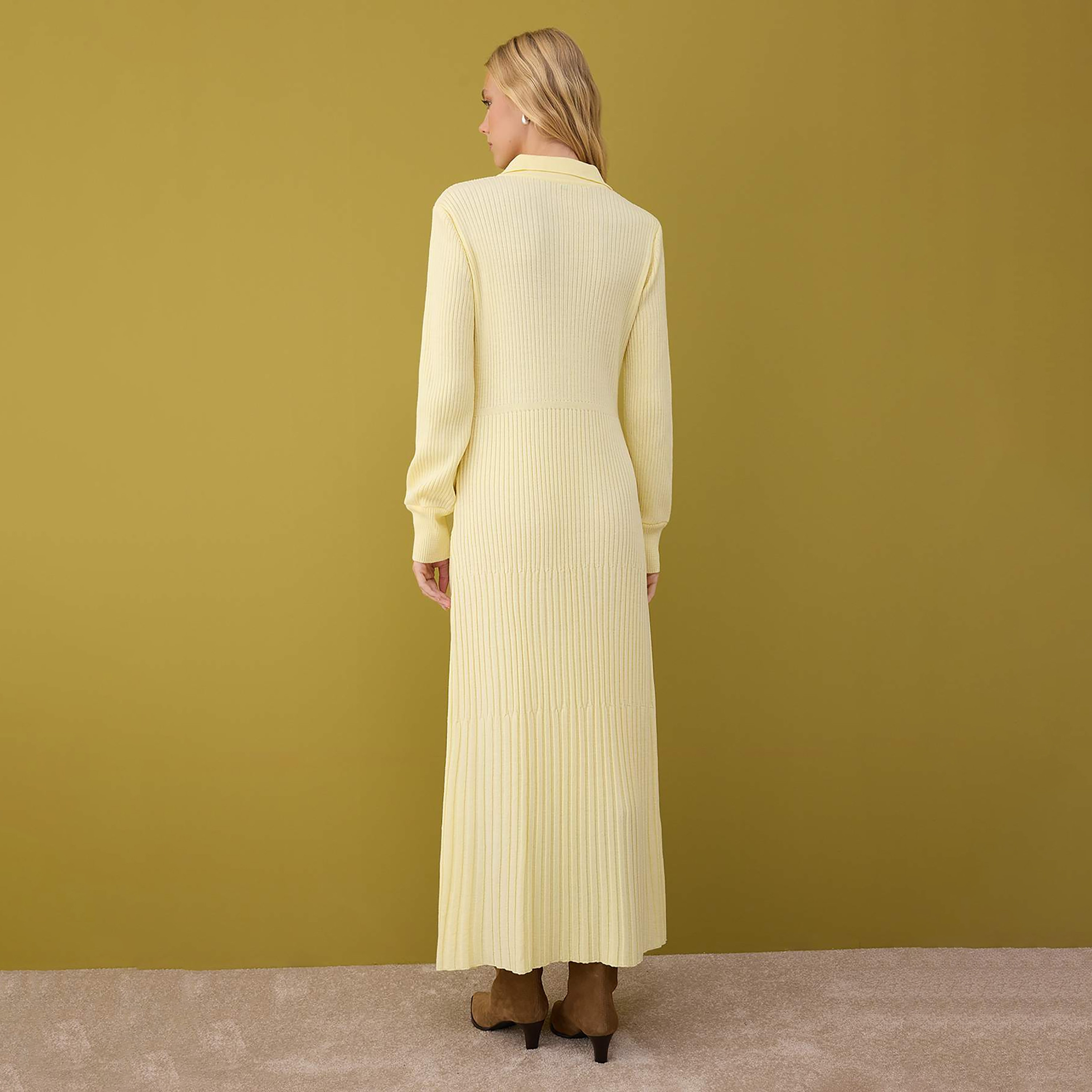 فستان ماكسي حريمي محتشم بتريكو مضلع بياقة وأكمام ضيقة من ترينديول-women-clothing-dresses-image-3