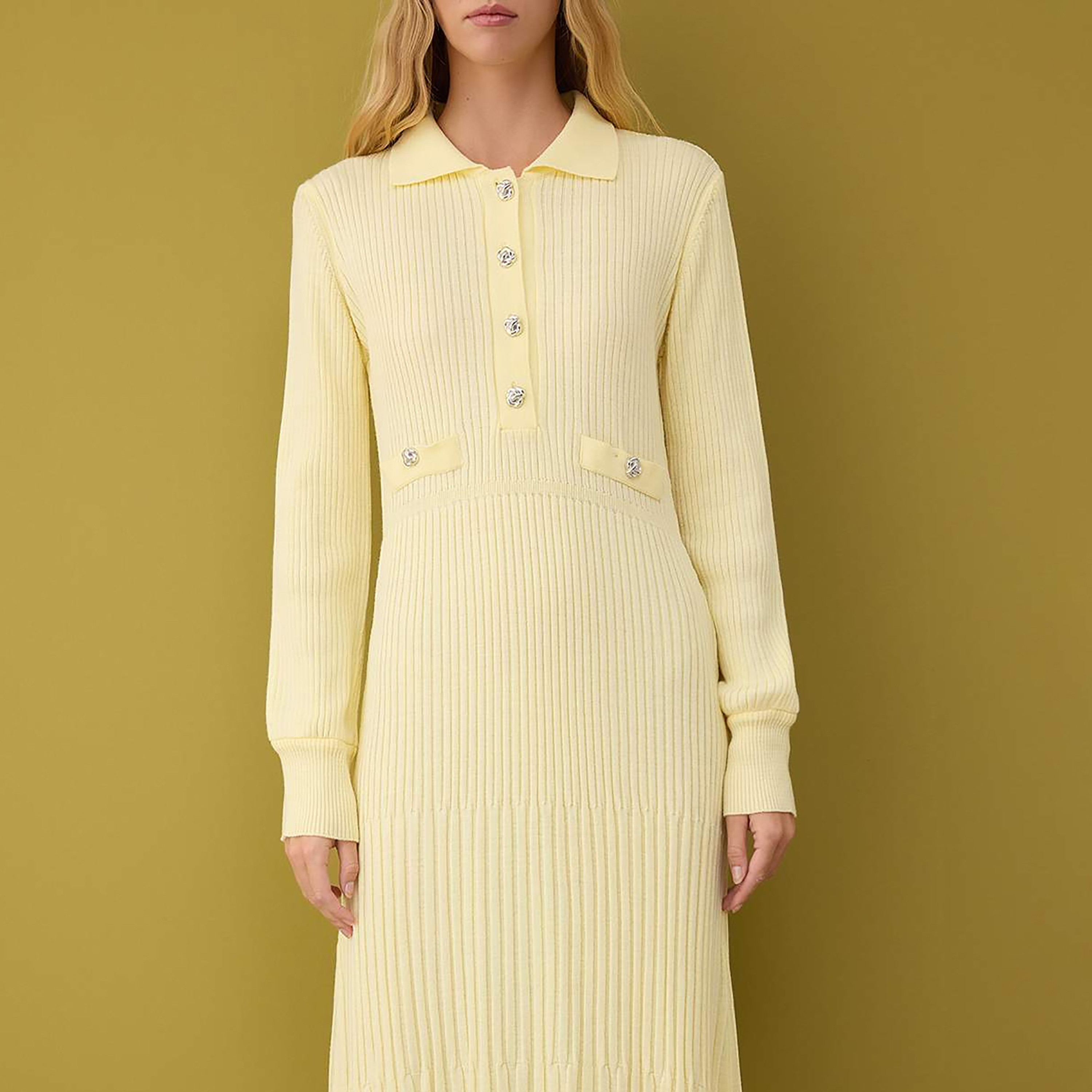 فستان ماكسي حريمي محتشم بتريكو مضلع بياقة وأكمام ضيقة من ترينديول-women-clothing-dresses-image-4