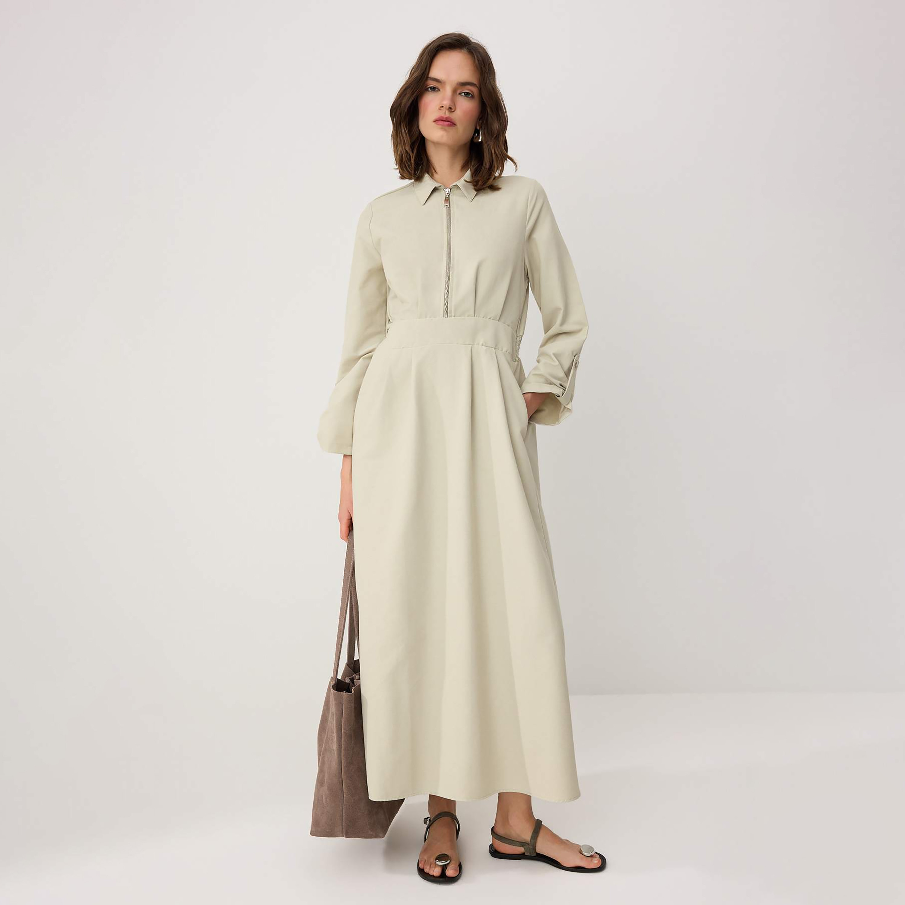 Trendyol Modest Green Cotton Collared Button-Tab Sleeves Women's Maxi Shirt Dress-women-clothing-dresses-image-1