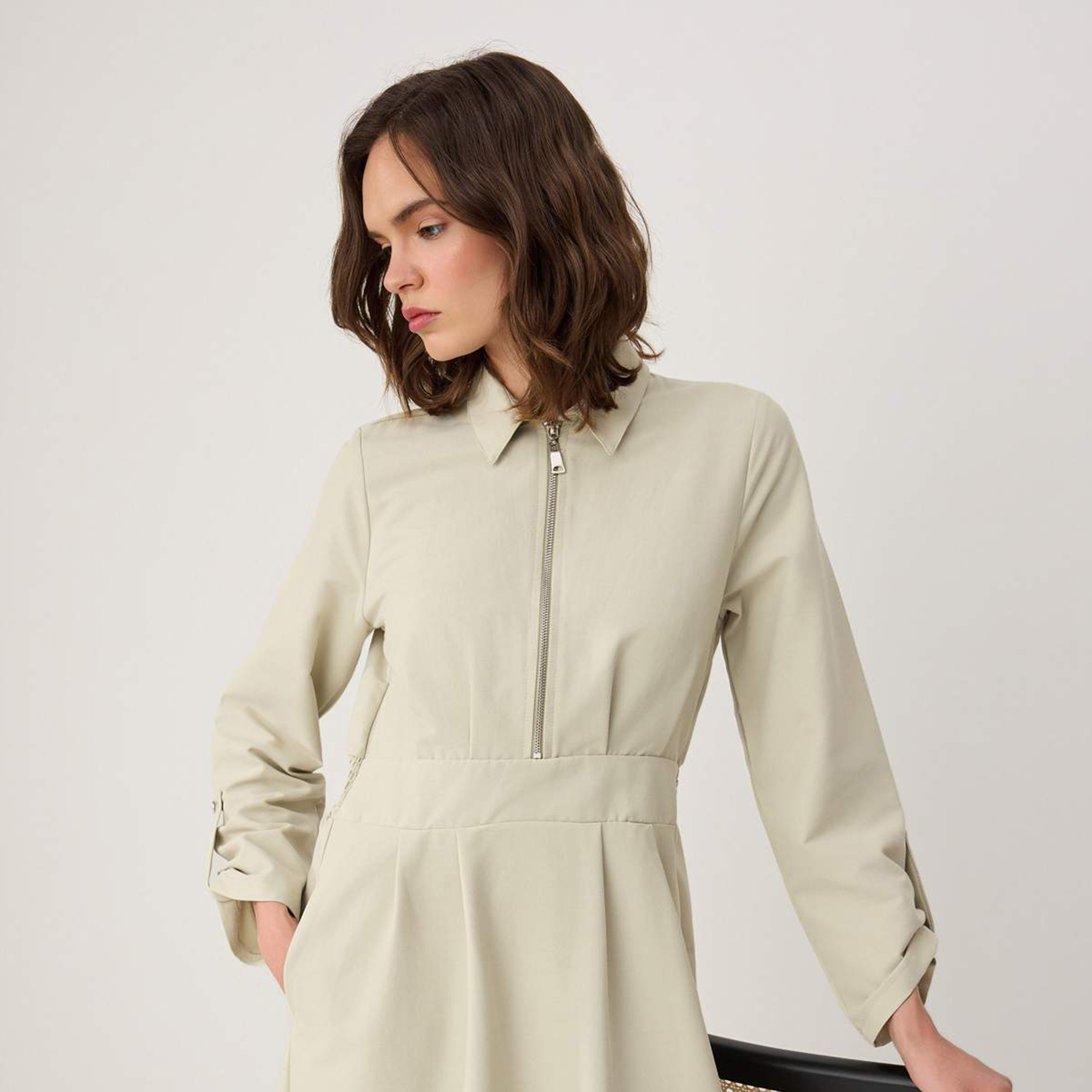 Trendyol Modest Green Cotton Collared Button-Tab Sleeves Women's Maxi Shirt Dress-women-clothing-dresses-image-2