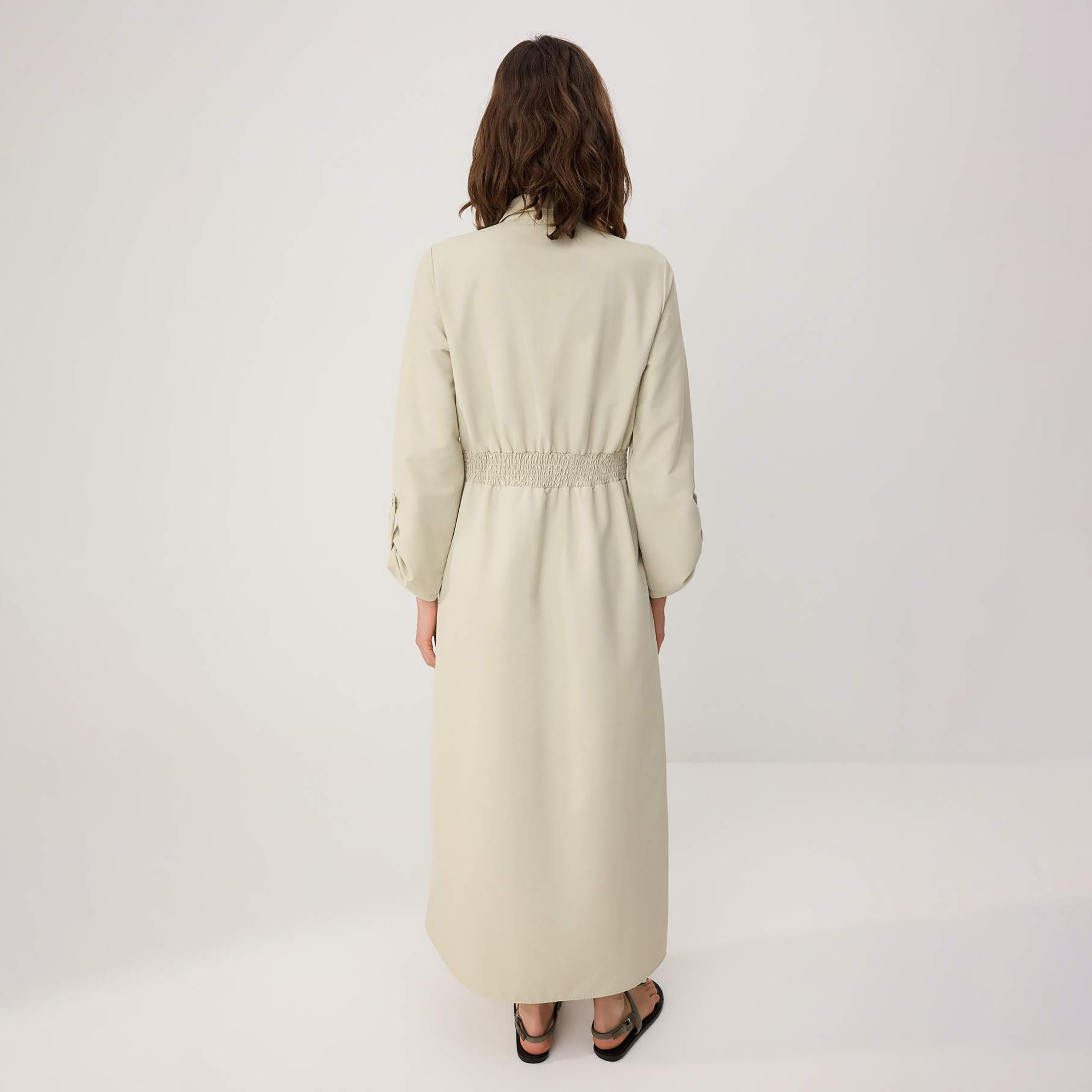 Trendyol Modest Green Cotton Collared Button-Tab Sleeves Women's Maxi Shirt Dress-women-clothing-dresses-image-3