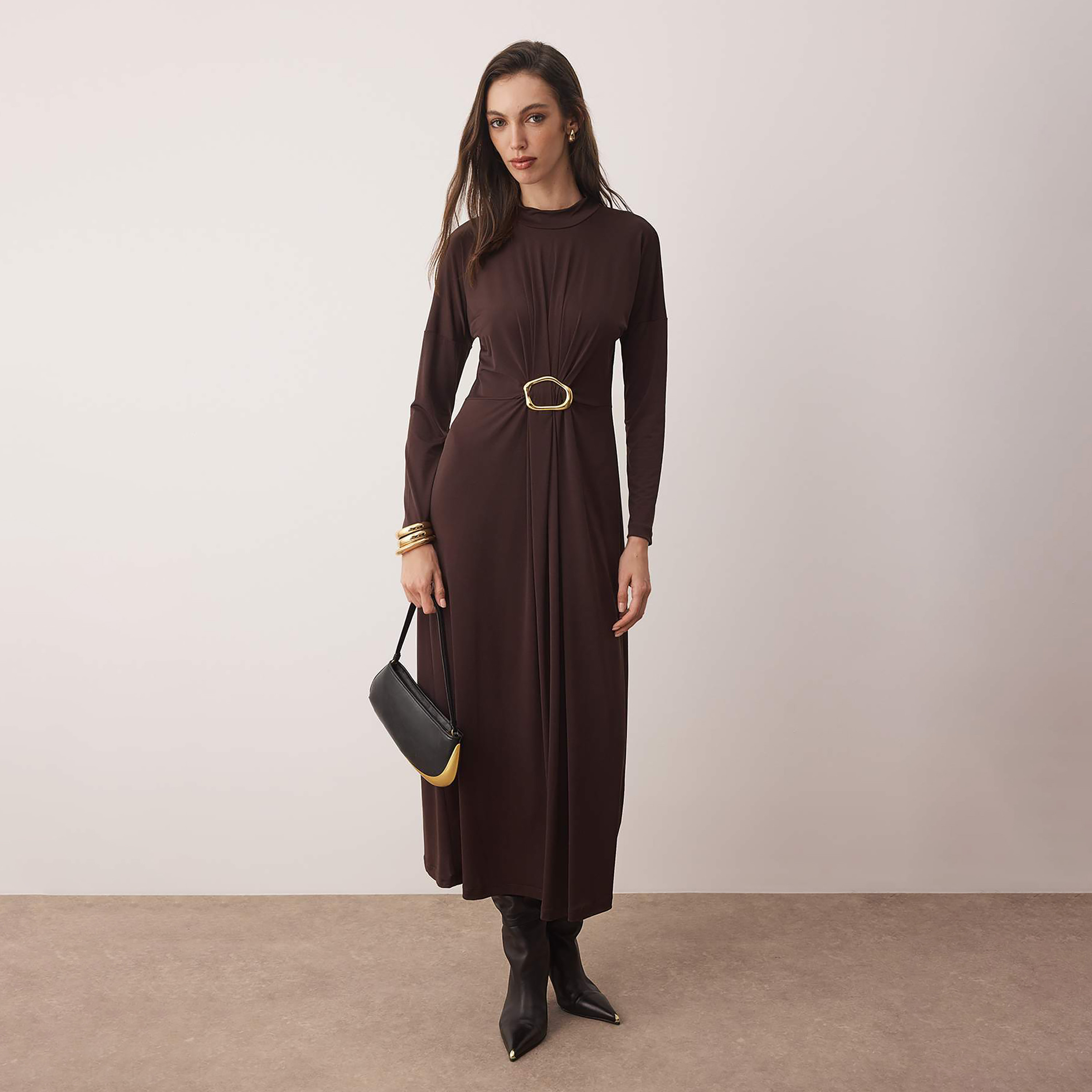 Trendyol Modest Brown Mock Neck Dropped Sleeves Column Women's Midi Dress-women-clothing-dresses-image-1