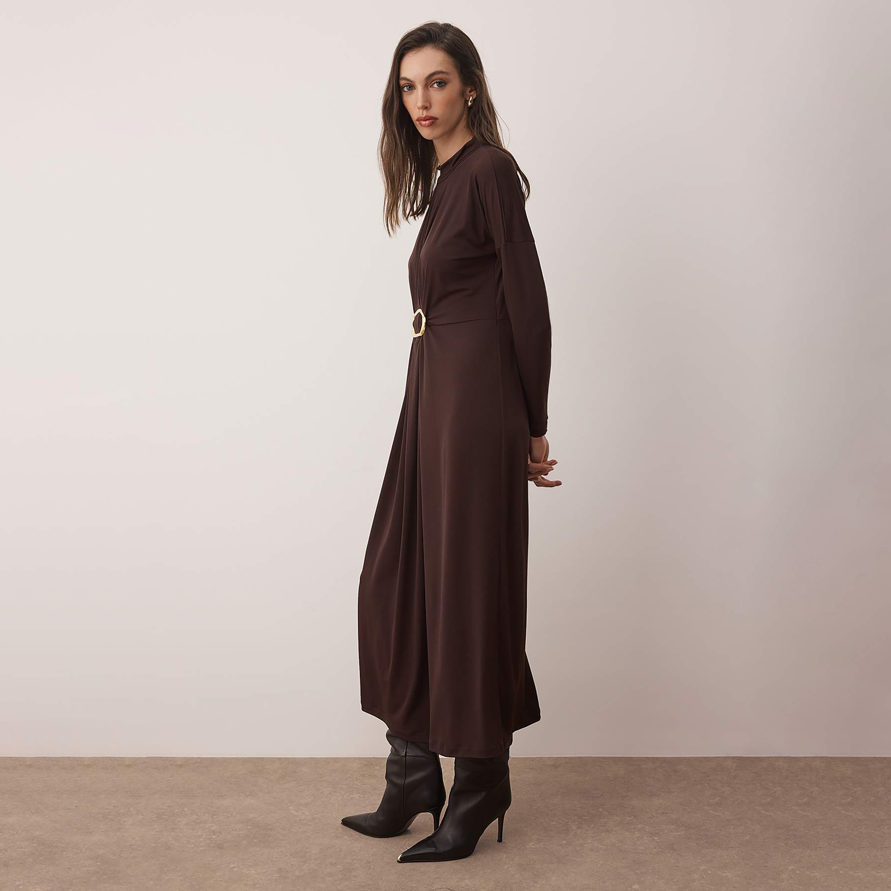 Trendyol Modest Brown Mock Neck Dropped Sleeves Column Women's Midi Dress-women-clothing-dresses-image-2