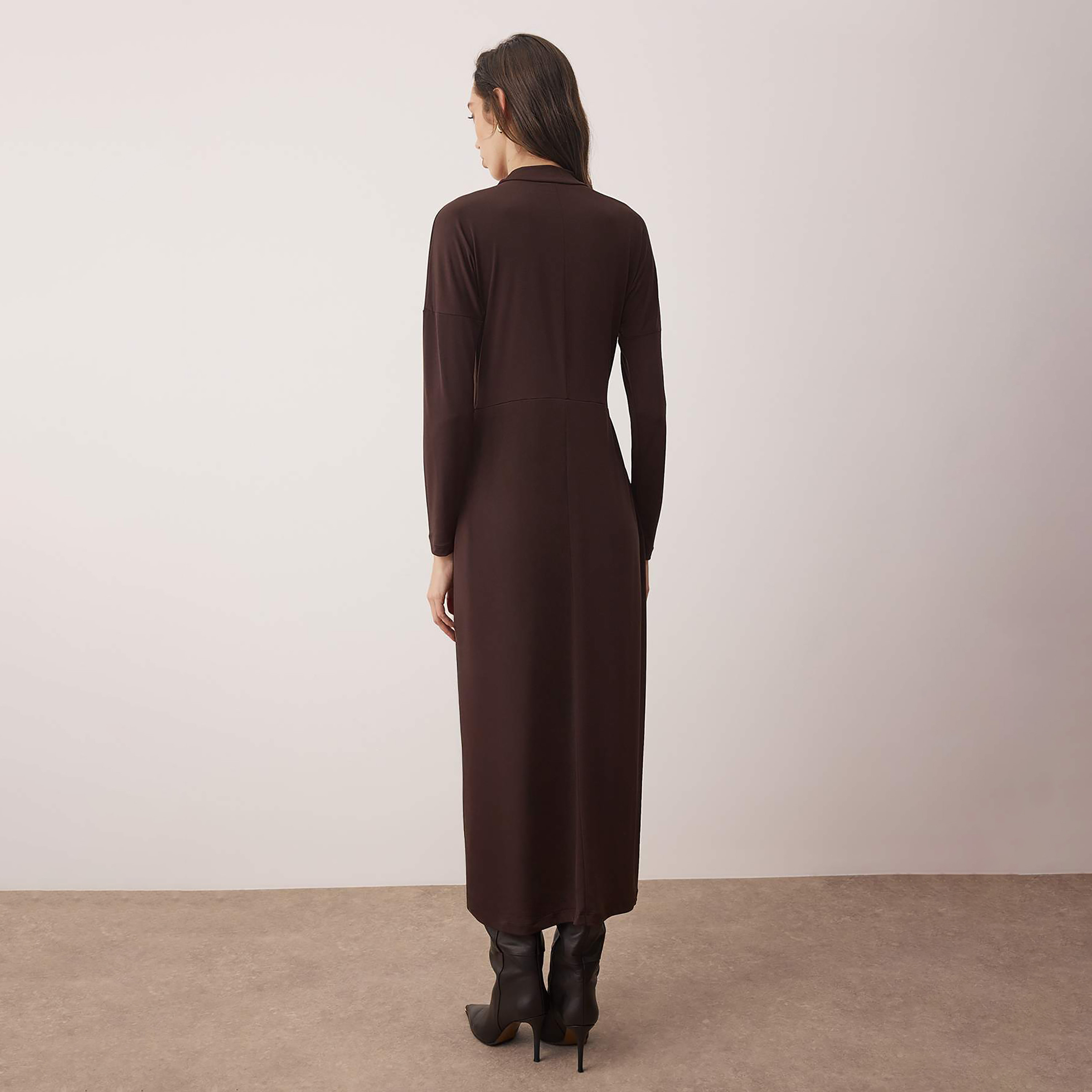 Trendyol Modest Brown Mock Neck Dropped Sleeves Column Women's Midi Dress-women-clothing-dresses-image-3