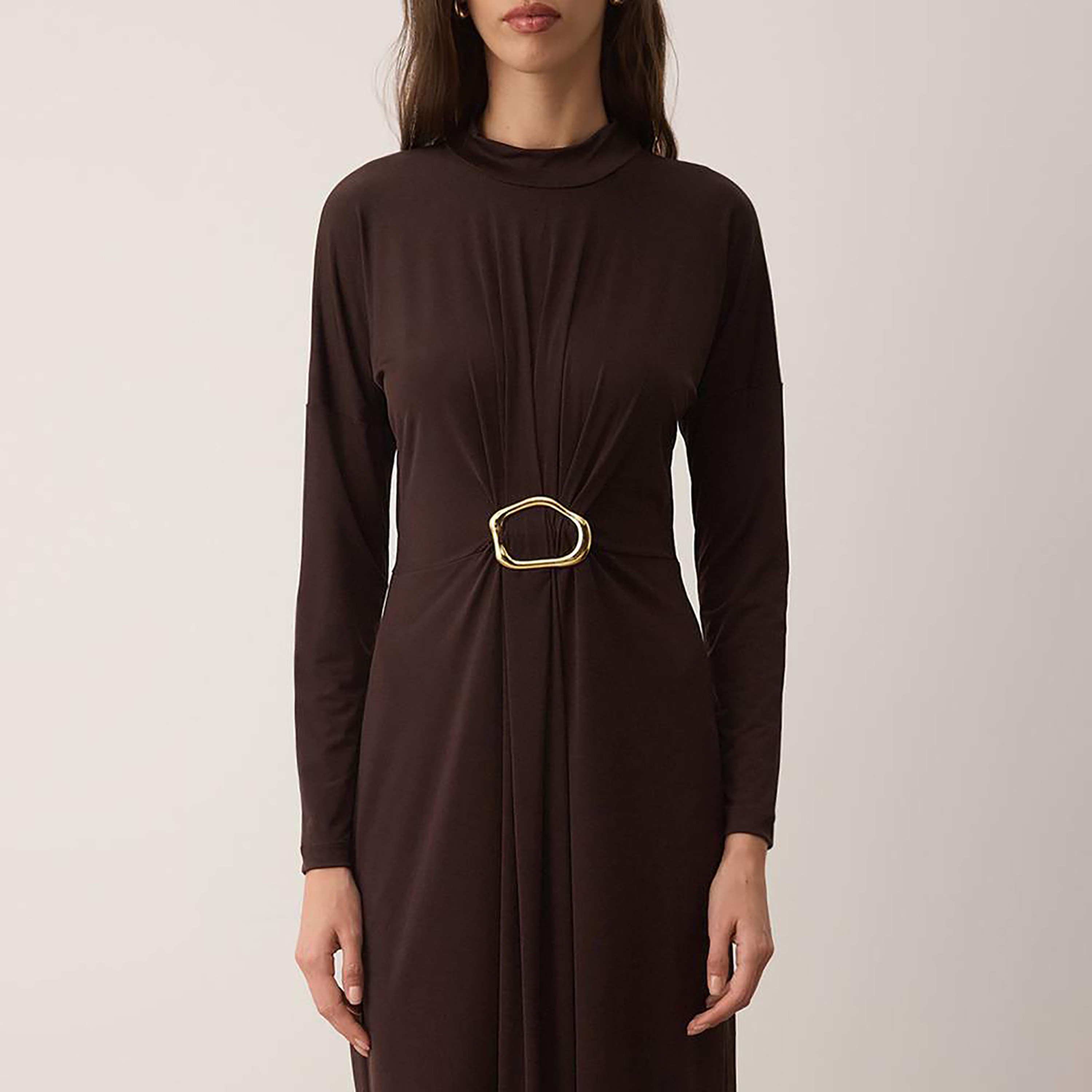 Trendyol Modest Brown Mock Neck Dropped Sleeves Column Women's Midi Dress-women-clothing-dresses-image-4