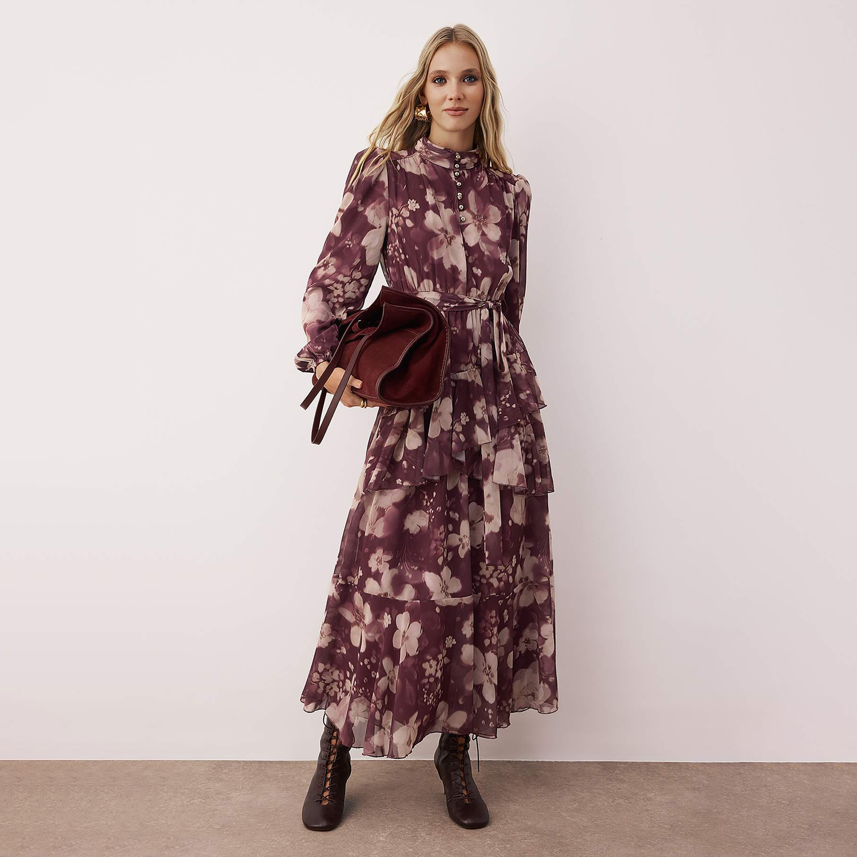 Trendyol Modest Plum Floral Print Mock Neck Puff Sleeves Tiered Women's Midi Dress-women-clothing-dresses-image-1