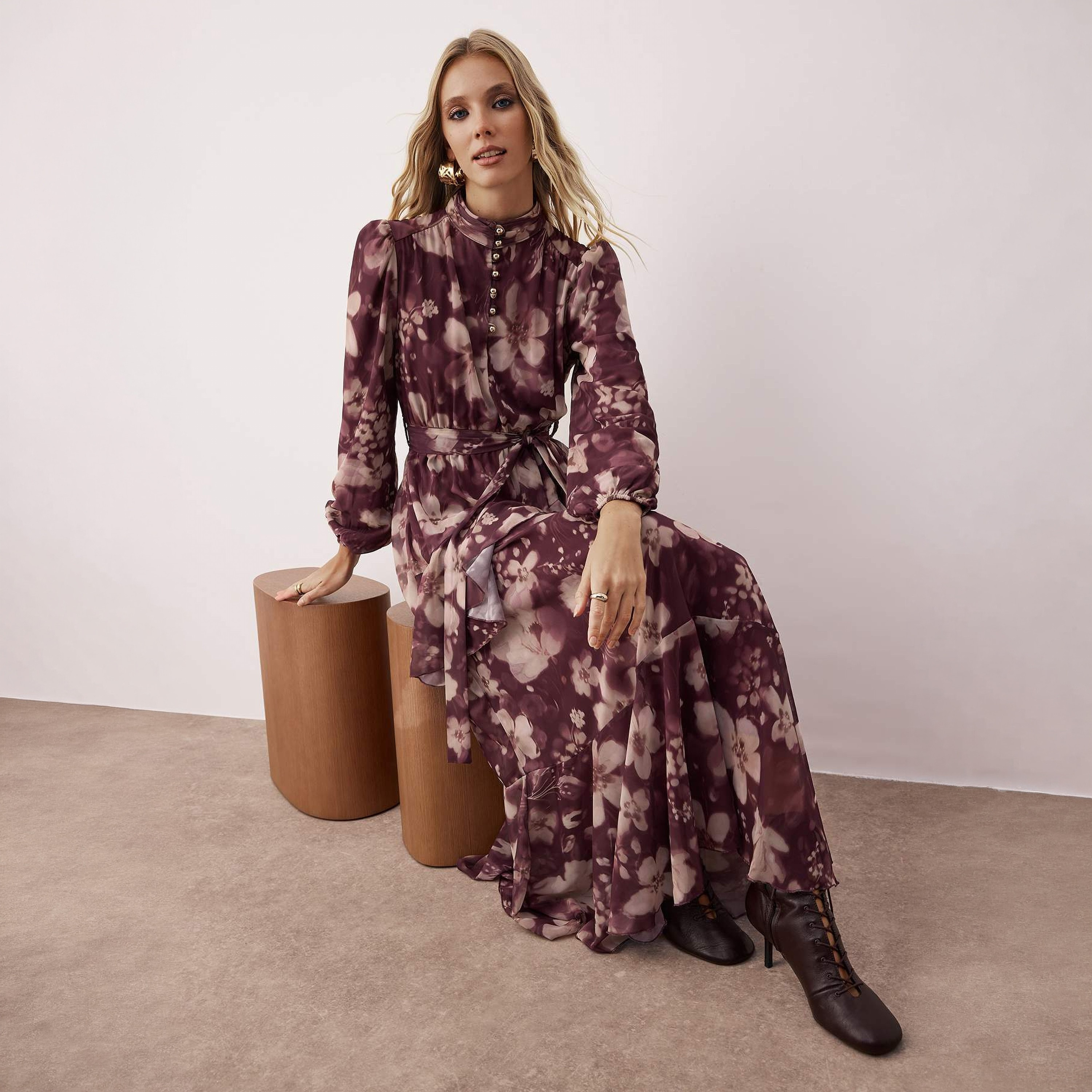 Trendyol Modest Plum Floral Print Mock Neck Puff Sleeves Tiered Women's Midi Dress-women-clothing-dresses-image-2