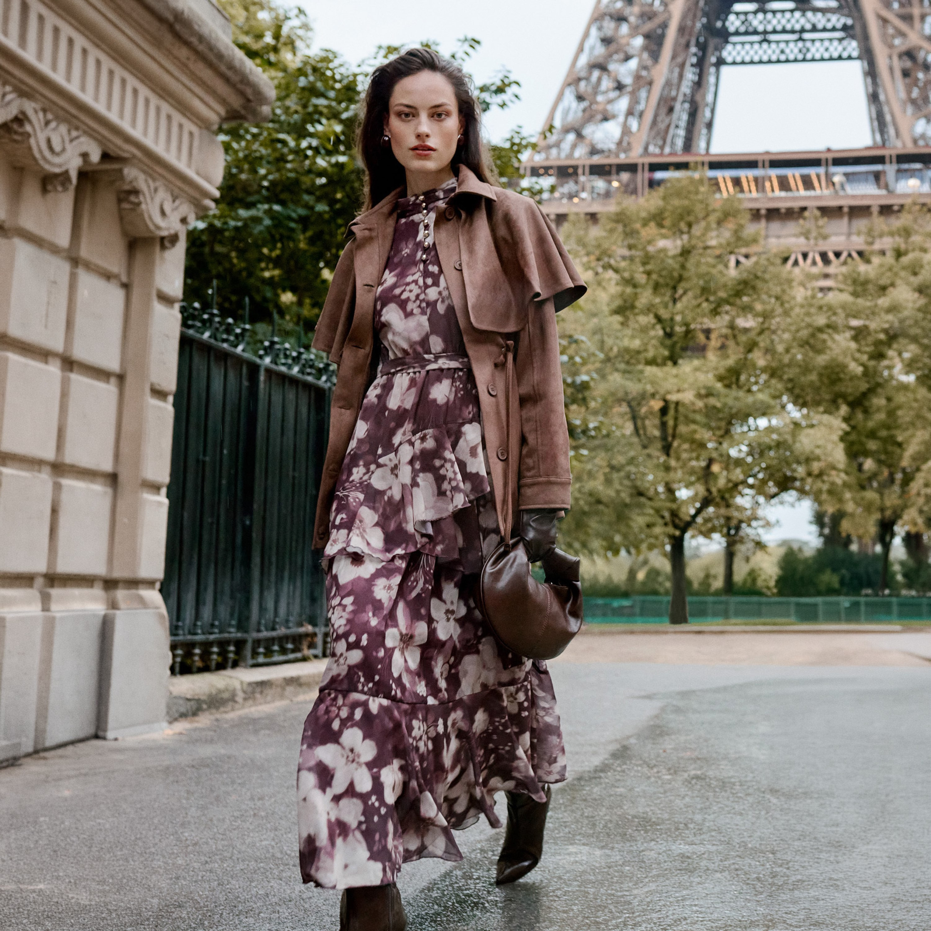 Trendyol Modest Plum Floral Print Mock Neck Puff Sleeves Tiered Women's Midi Dress-women-clothing-dresses-image-3