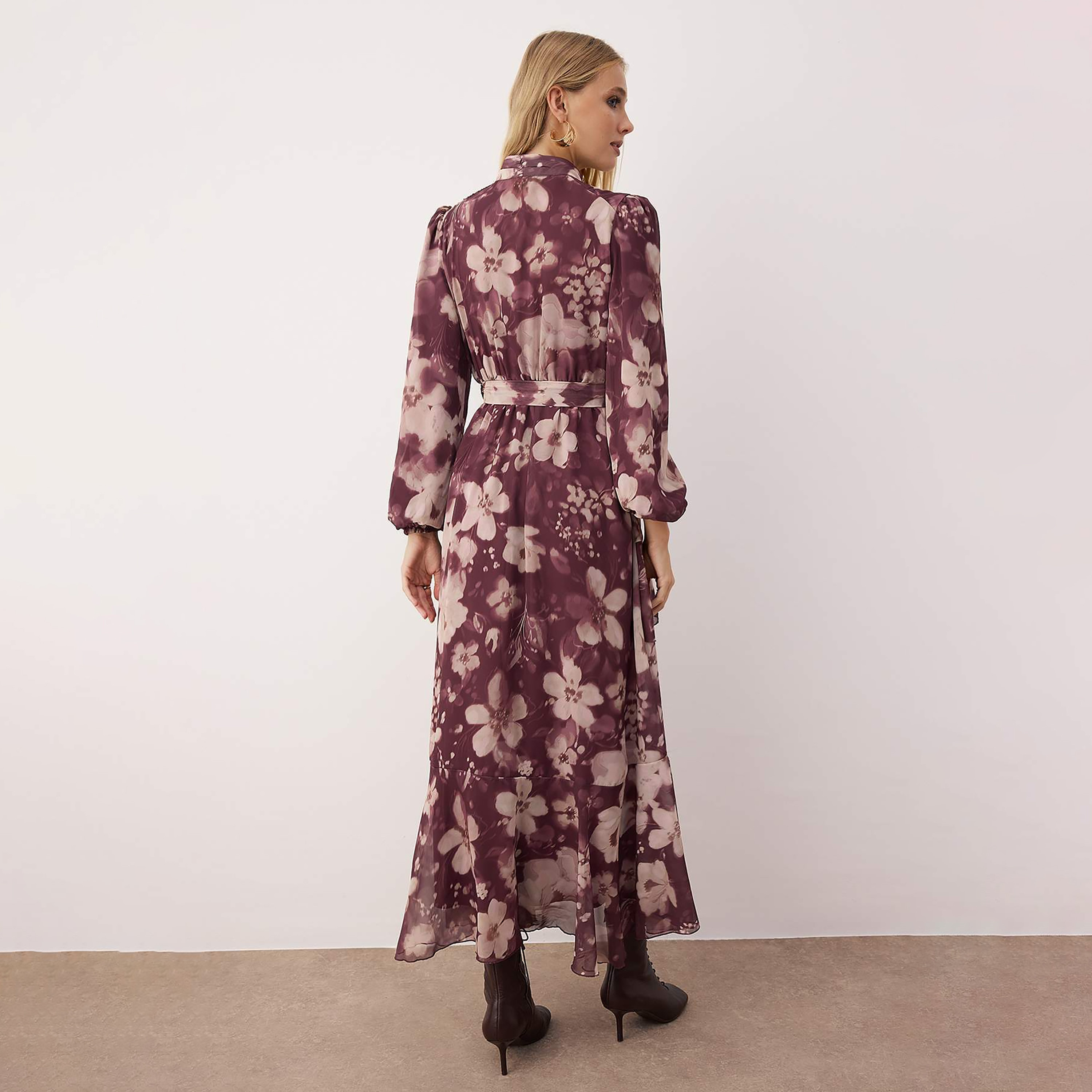 Trendyol Modest Plum Floral Print Mock Neck Puff Sleeves Tiered Women's Midi Dress-women-clothing-dresses-image-4