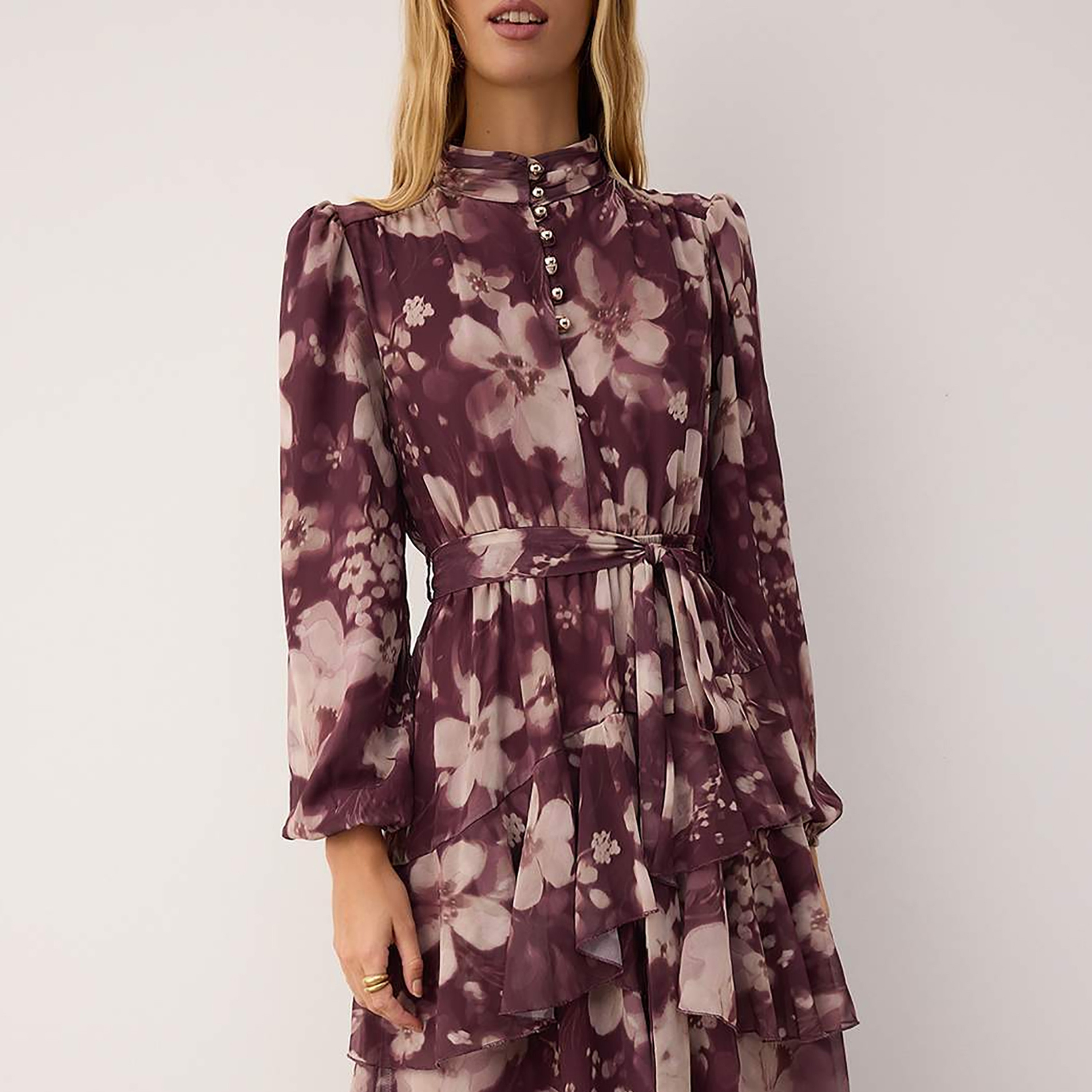 Trendyol Modest Plum Floral Print Mock Neck Puff Sleeves Tiered Women's Midi Dress-women-clothing-dresses-image-5