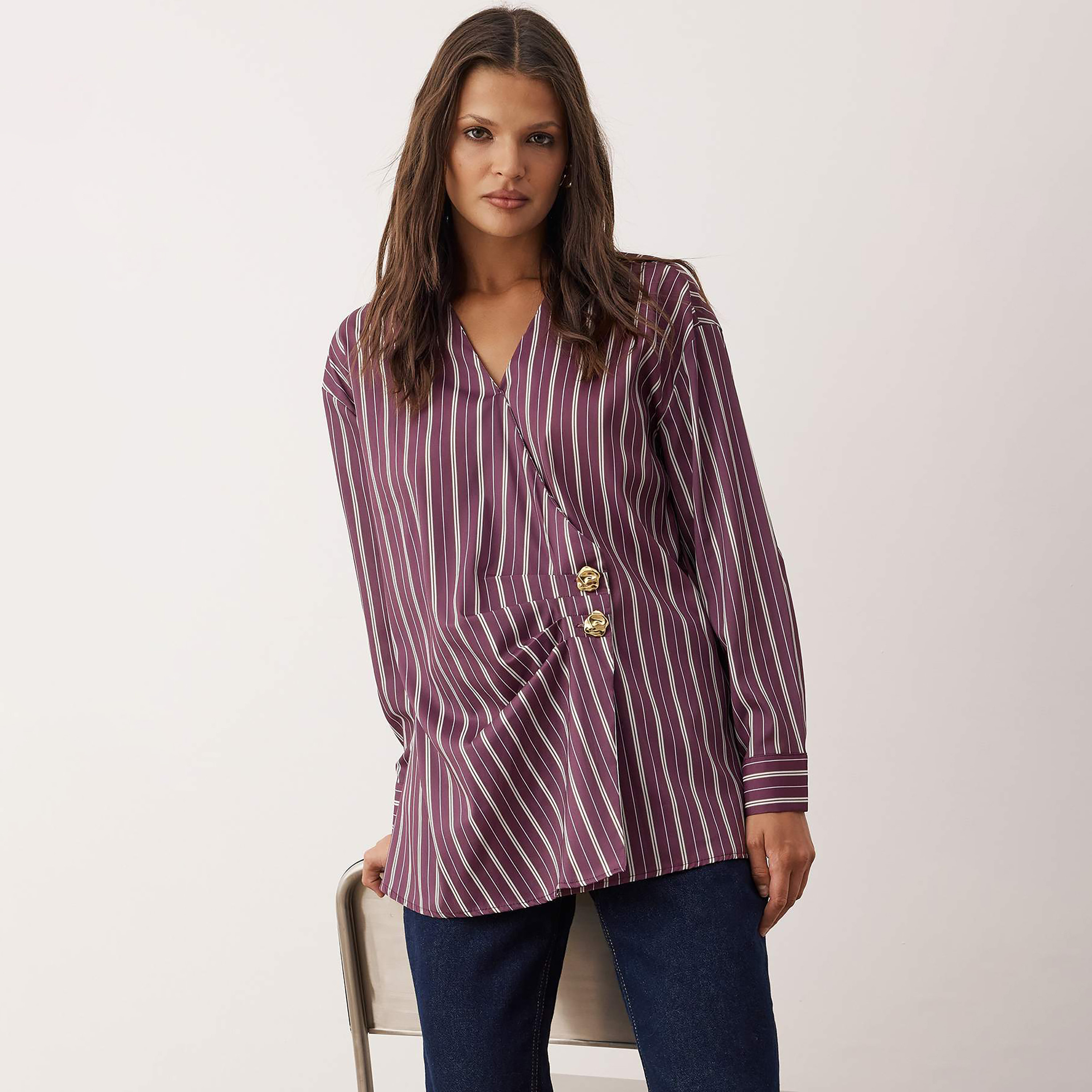 Trendyol Modest Striped Surplice Neck Dropped Sleeves Women's Wrap Top-women-clothing-shirtsandblouses-blouses-image-1