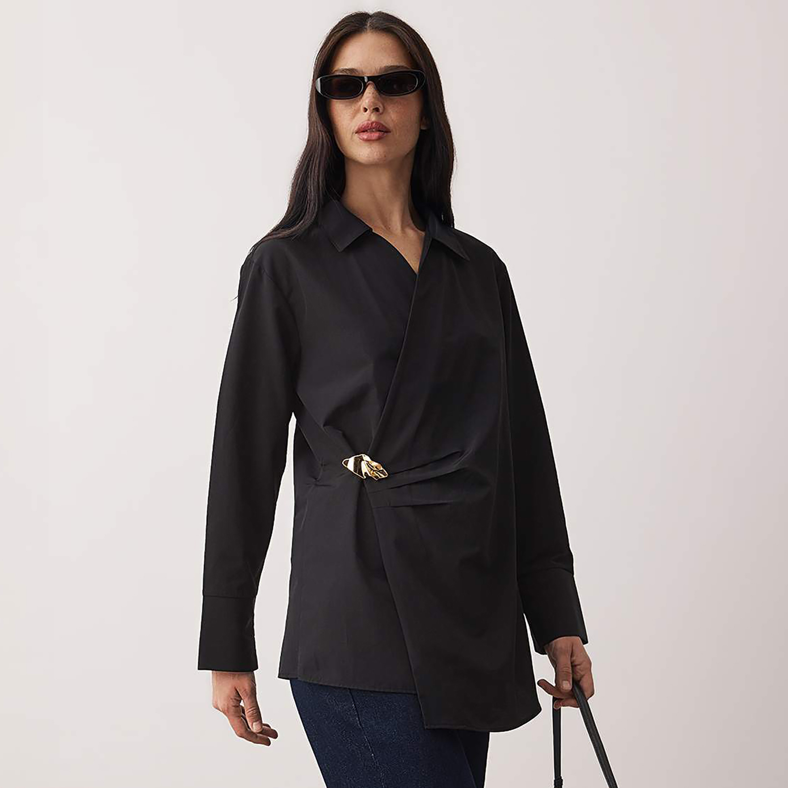 Trendyol Modest Black Cotton Collared Wrap Women's Top-women-clothing-shirtsandblouses-blouses-image-1