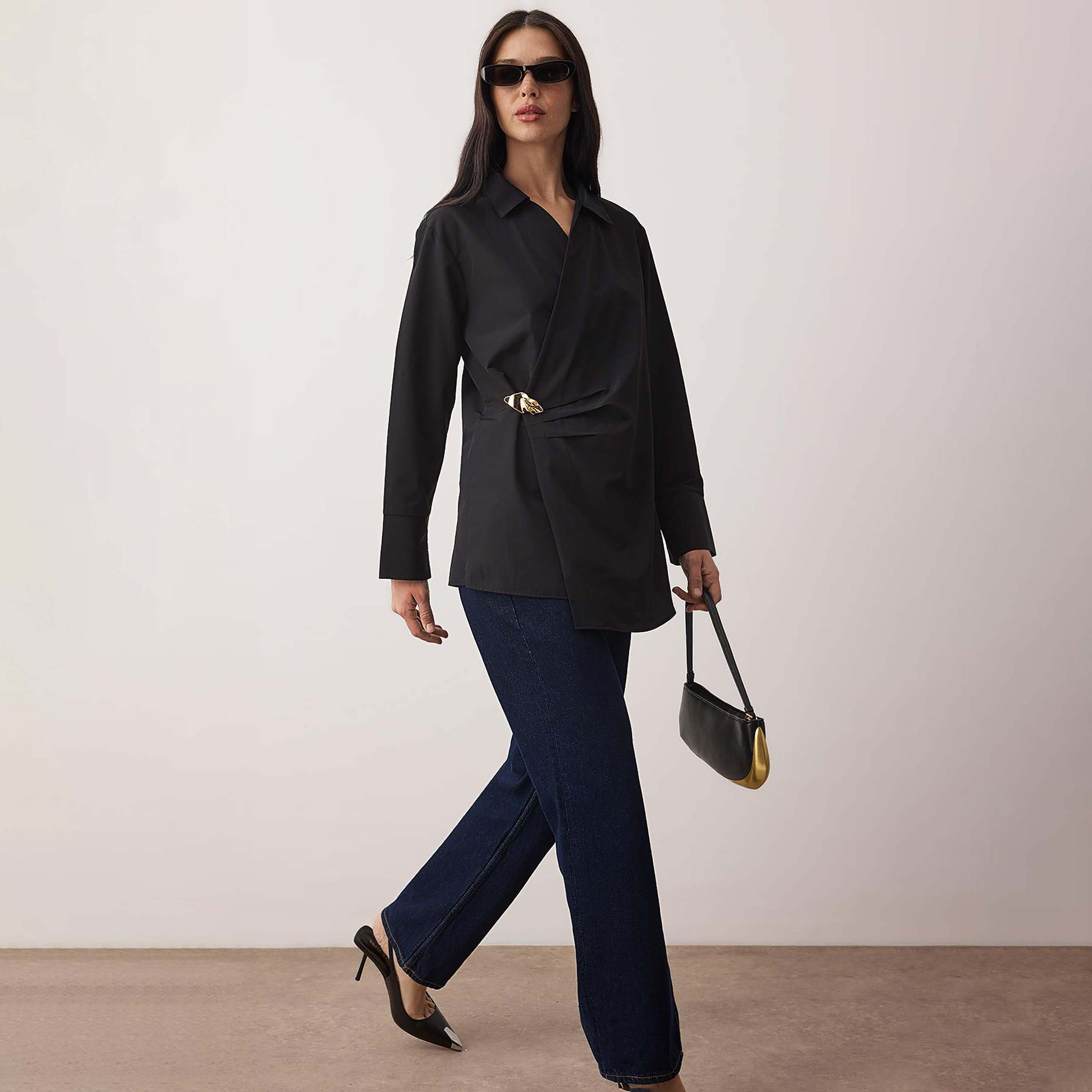 Trendyol Modest Black Cotton Collared Wrap Women's Top-women-clothing-shirtsandblouses-blouses-image-2
