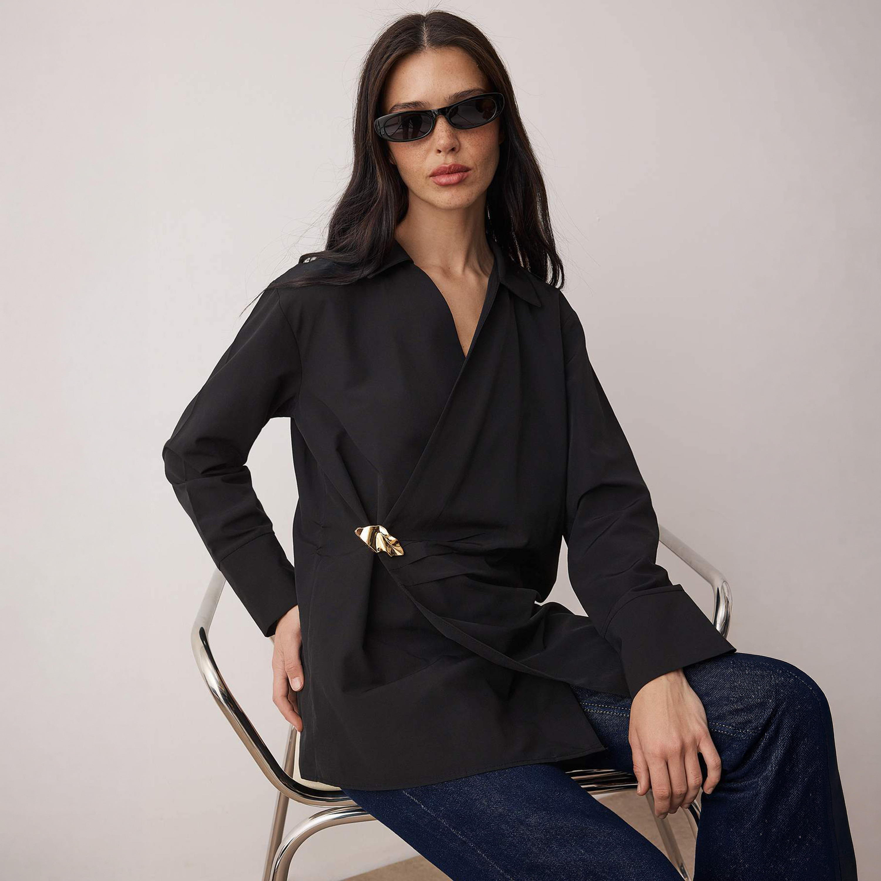 Trendyol Modest Black Cotton Collared Wrap Women's Top-women-clothing-shirtsandblouses-blouses-image-3