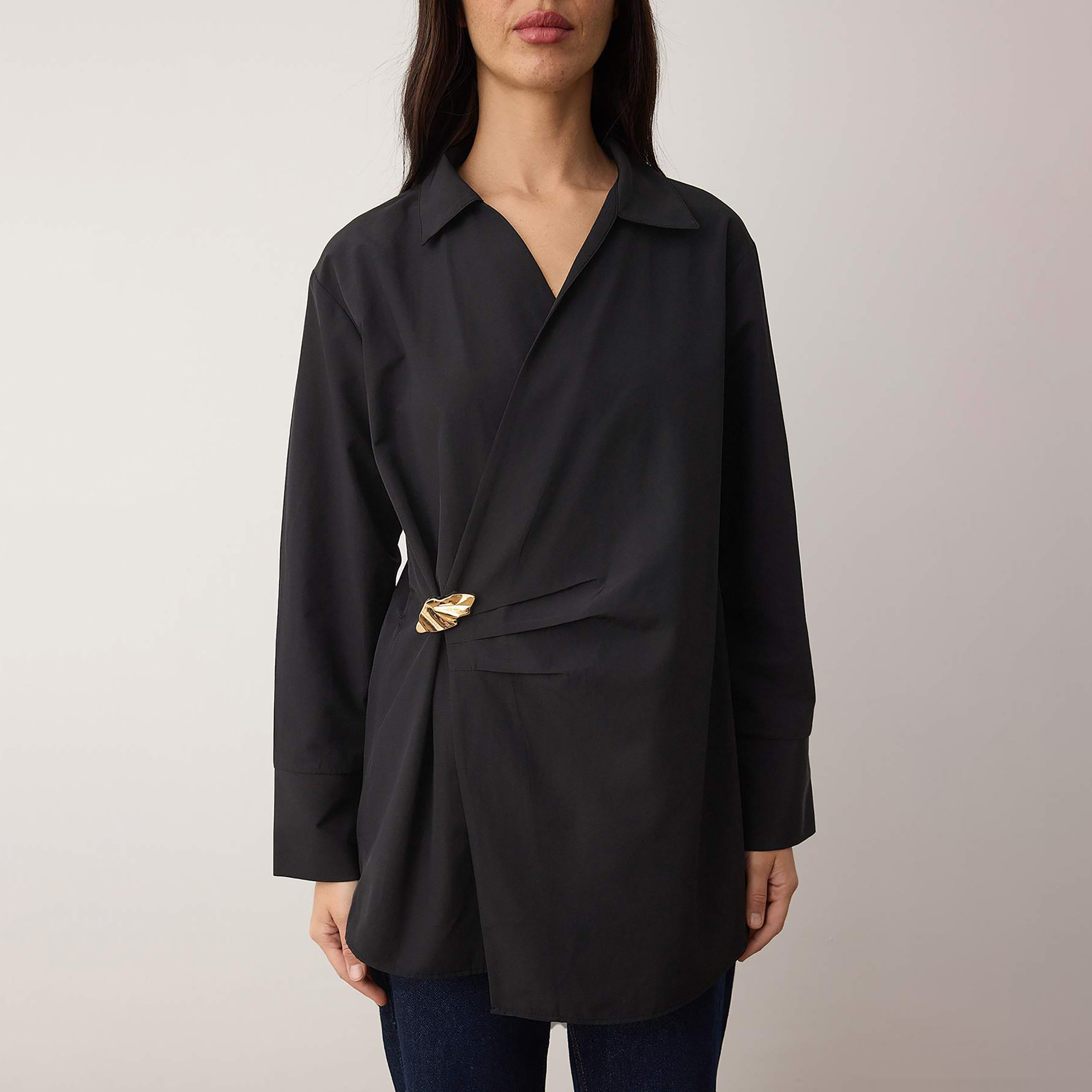 Trendyol Modest Black Cotton Collared Wrap Women's Top-women-clothing-shirtsandblouses-blouses-image-5