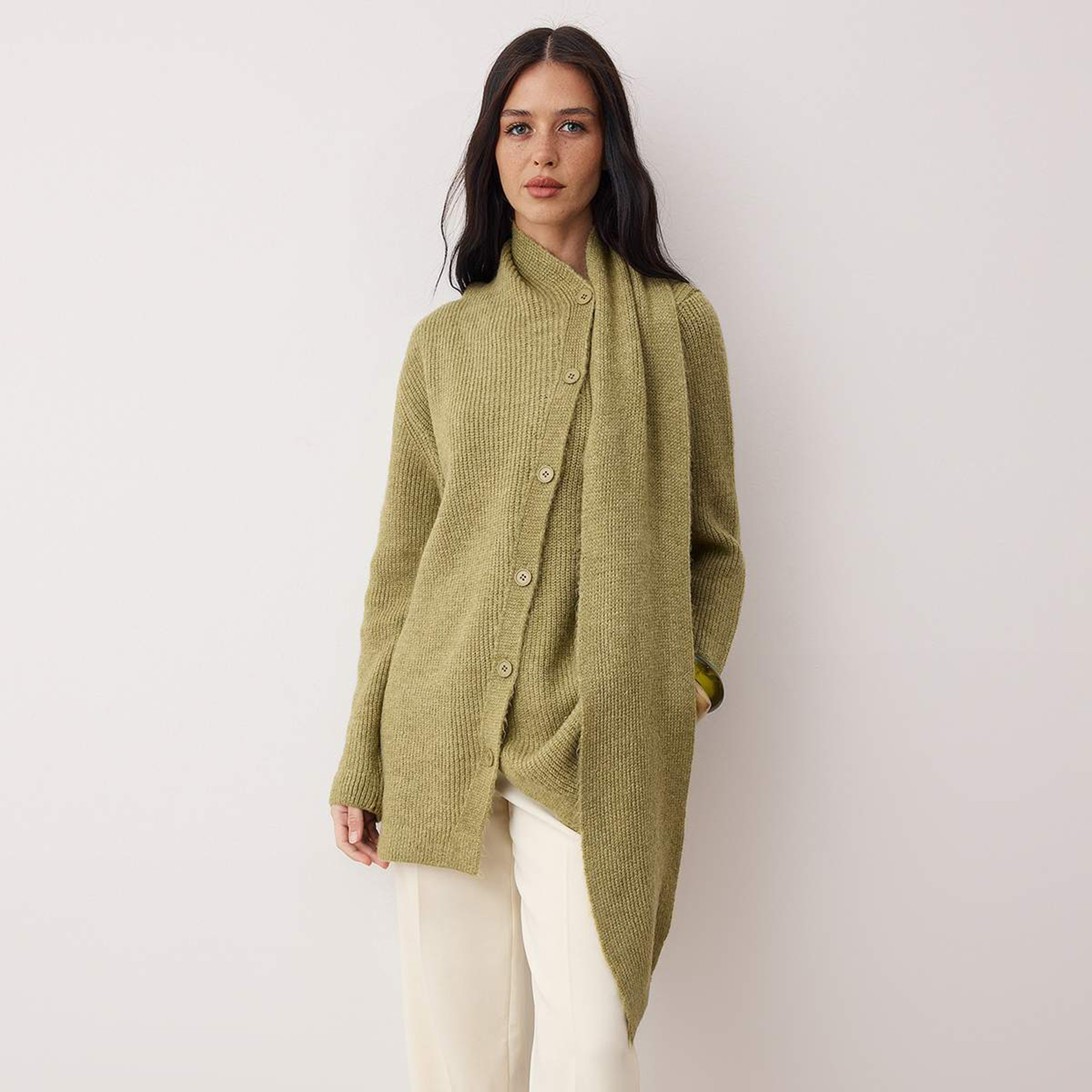 Trendyol Modest Green Ribbed High Neck Dropped Sleeves Women's Cardigan-women-winterwear-cardigansandjumpers-cardigans-image-1