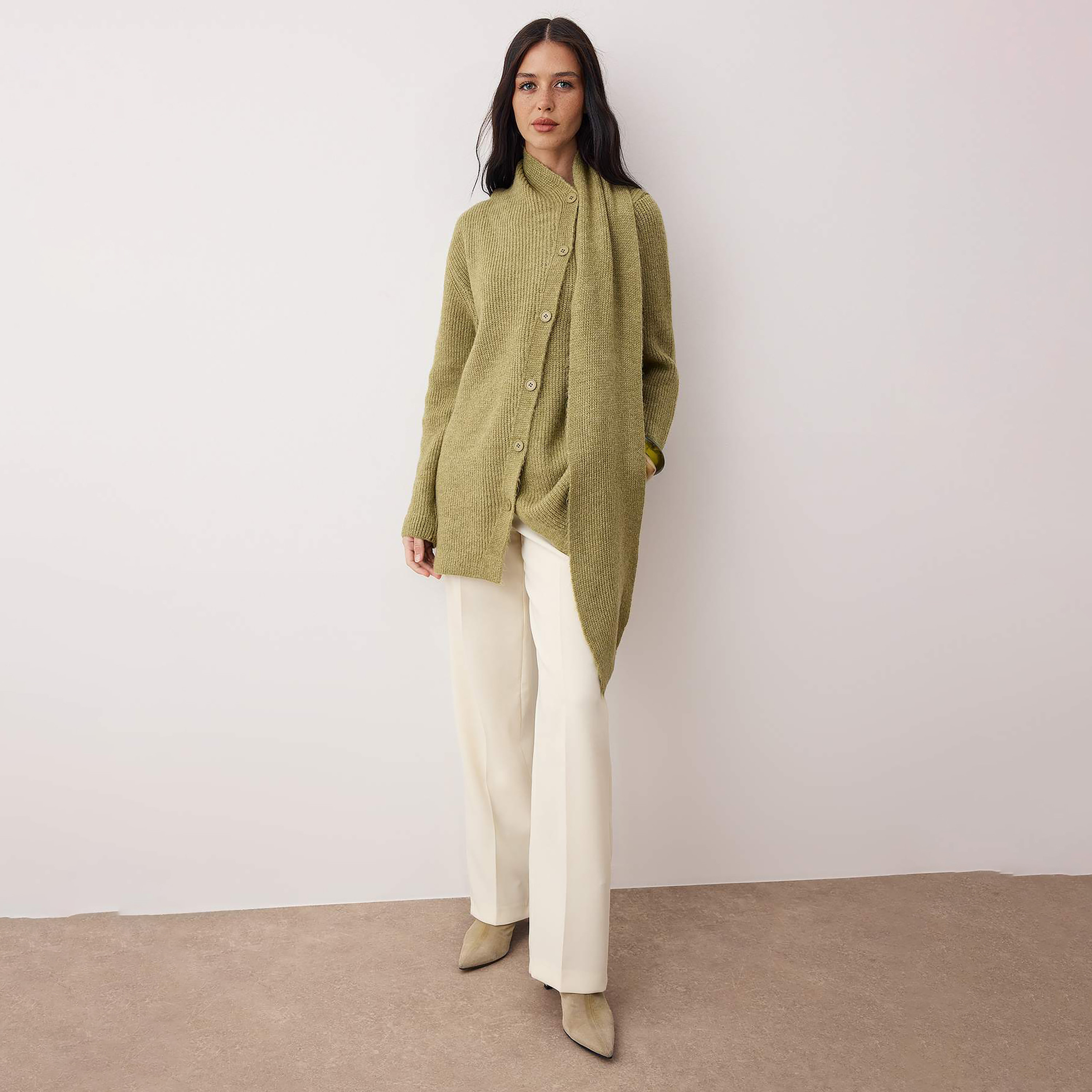 Trendyol Modest Green Ribbed High Neck Dropped Sleeves Women's Cardigan-women-winterwear-cardigansandjumpers-cardigans-image-2
