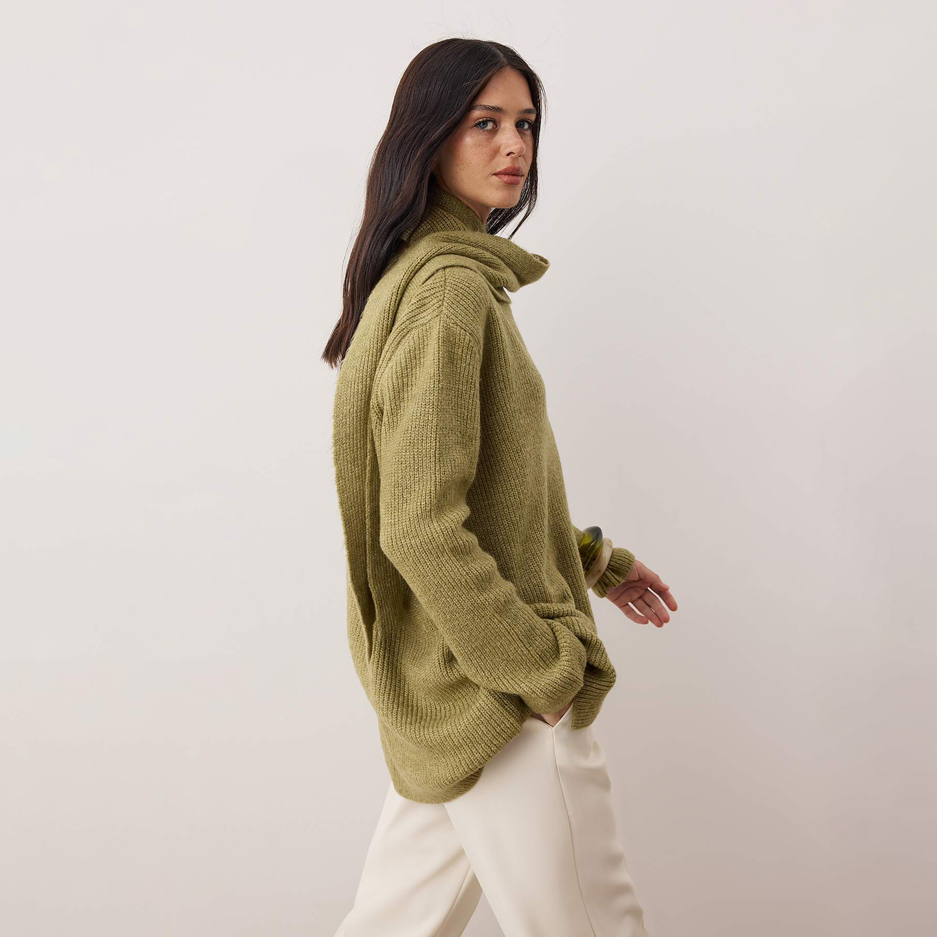 Trendyol Modest Green Ribbed High Neck Dropped Sleeves Women's Cardigan-women-winterwear-cardigansandjumpers-cardigans-image-4