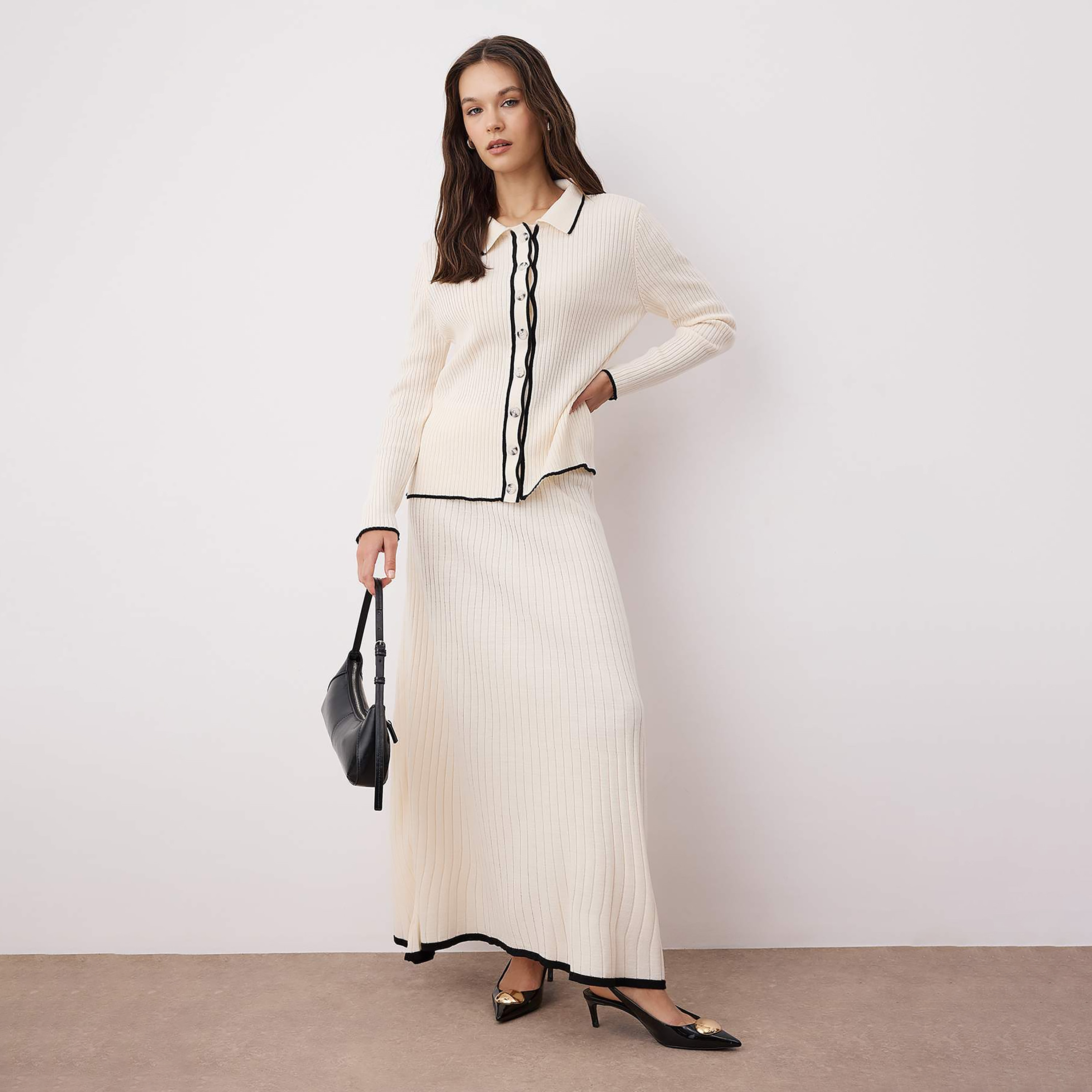 Trendyol Modest White Ribbed Knit Collared Women's Cardigan & Skirt Set-women-clothing-coordsets-image-1