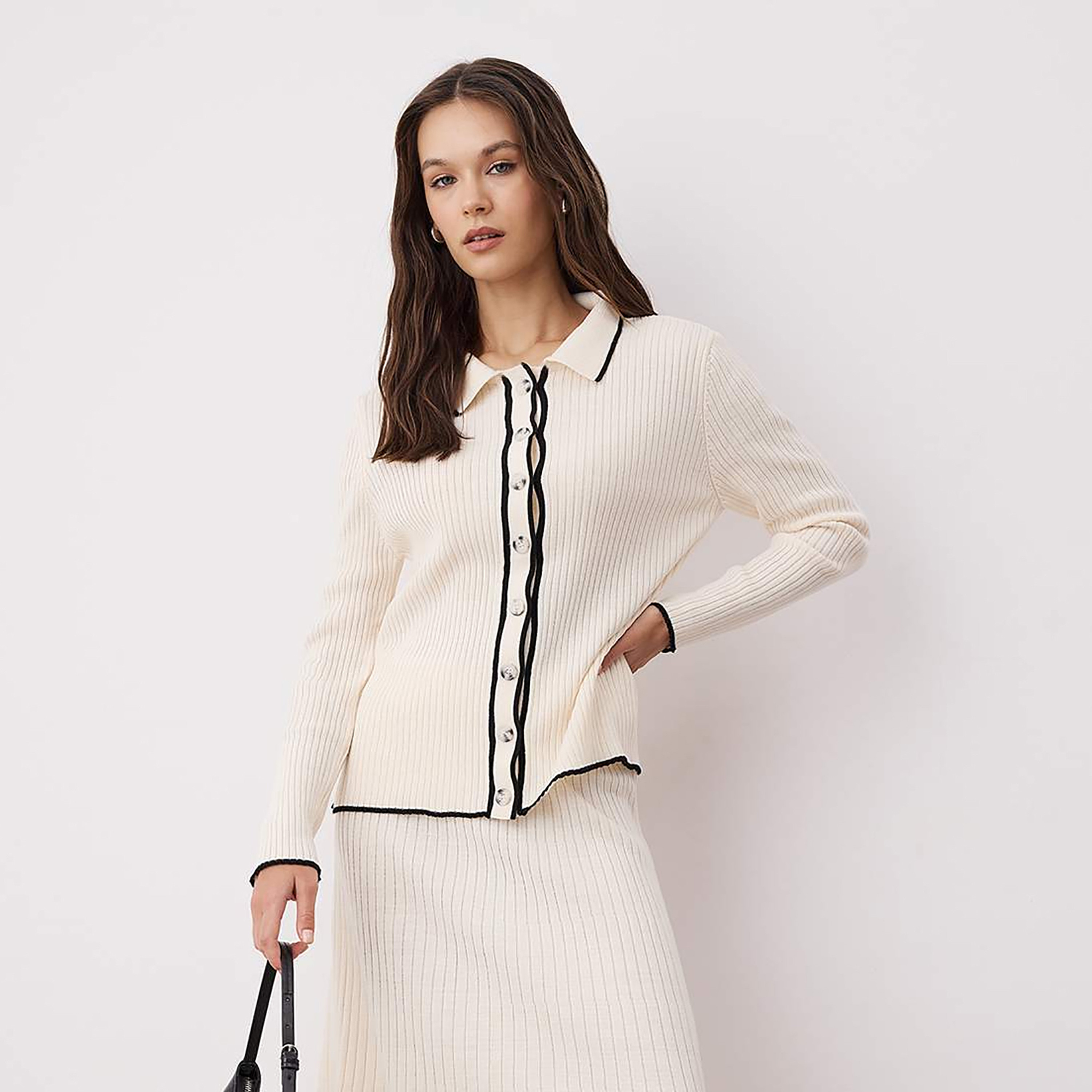 Trendyol Modest White Ribbed Knit Collared Women's Cardigan & Skirt Set-women-clothing-coordsets-image-2