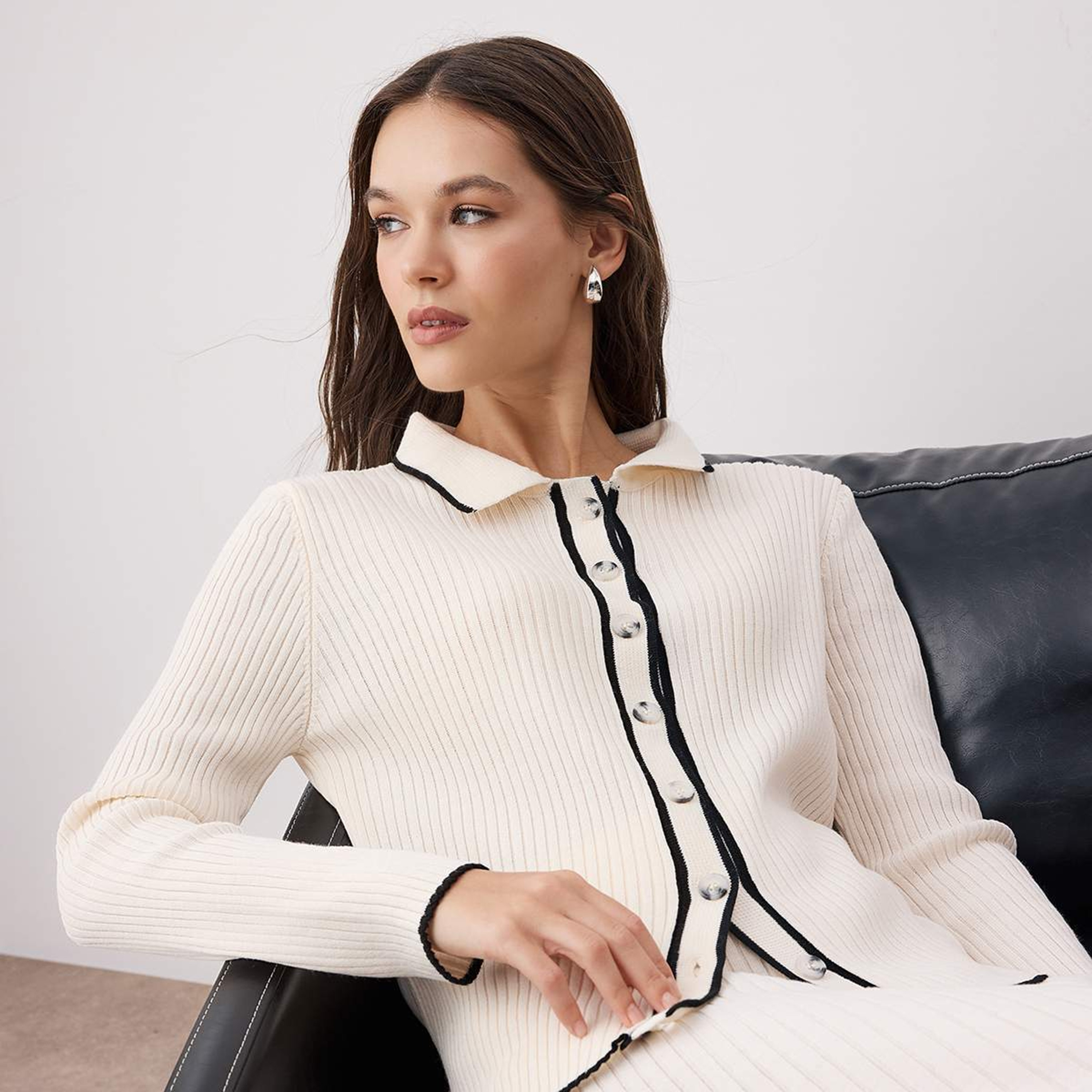 Trendyol Modest White Ribbed Knit Collared Women's Cardigan & Skirt Set-women-clothing-coordsets-image-5