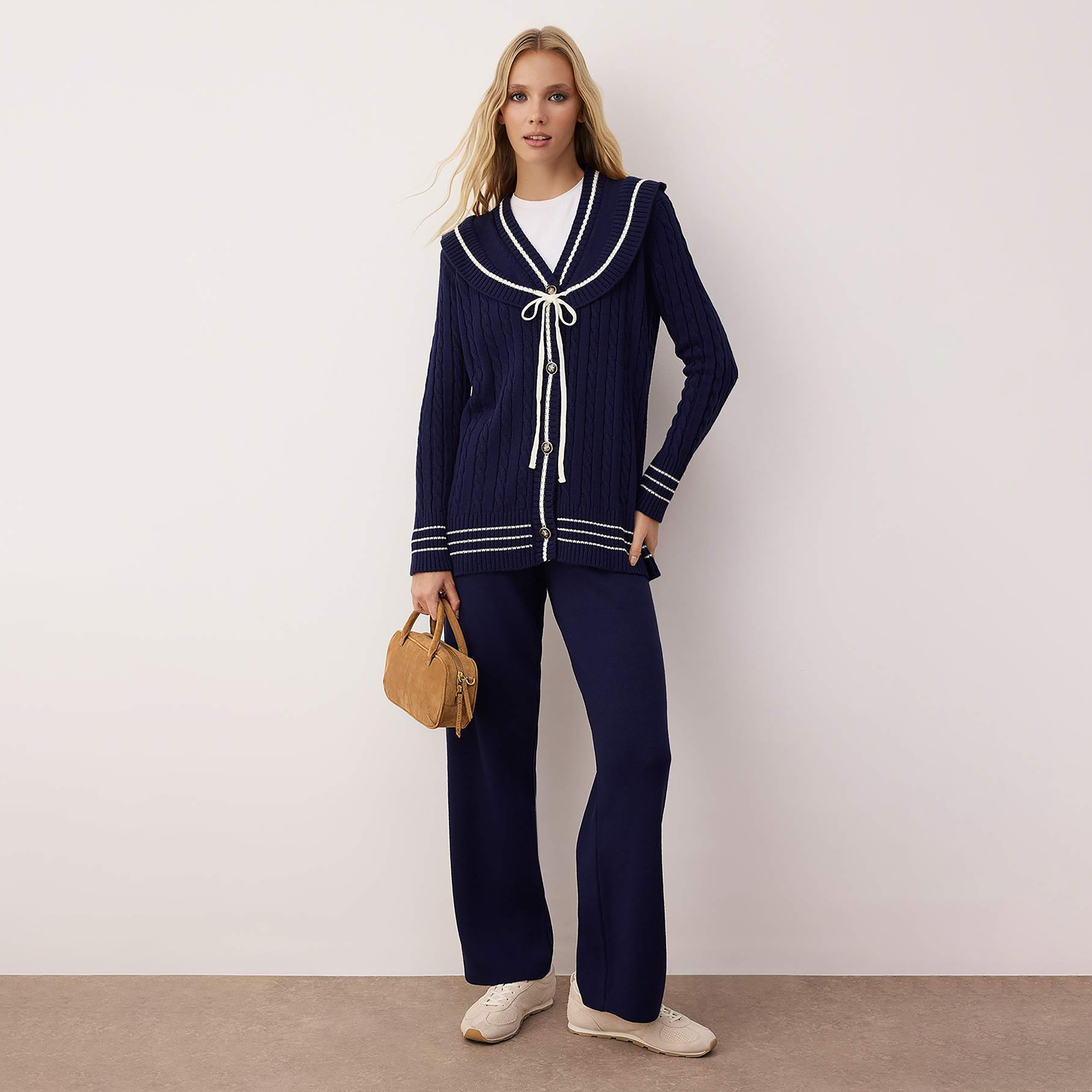 Trendyol Modest Navy Cable Knitted Women's Cardigan & Pants Set-women-clothing-coordsets-image-1