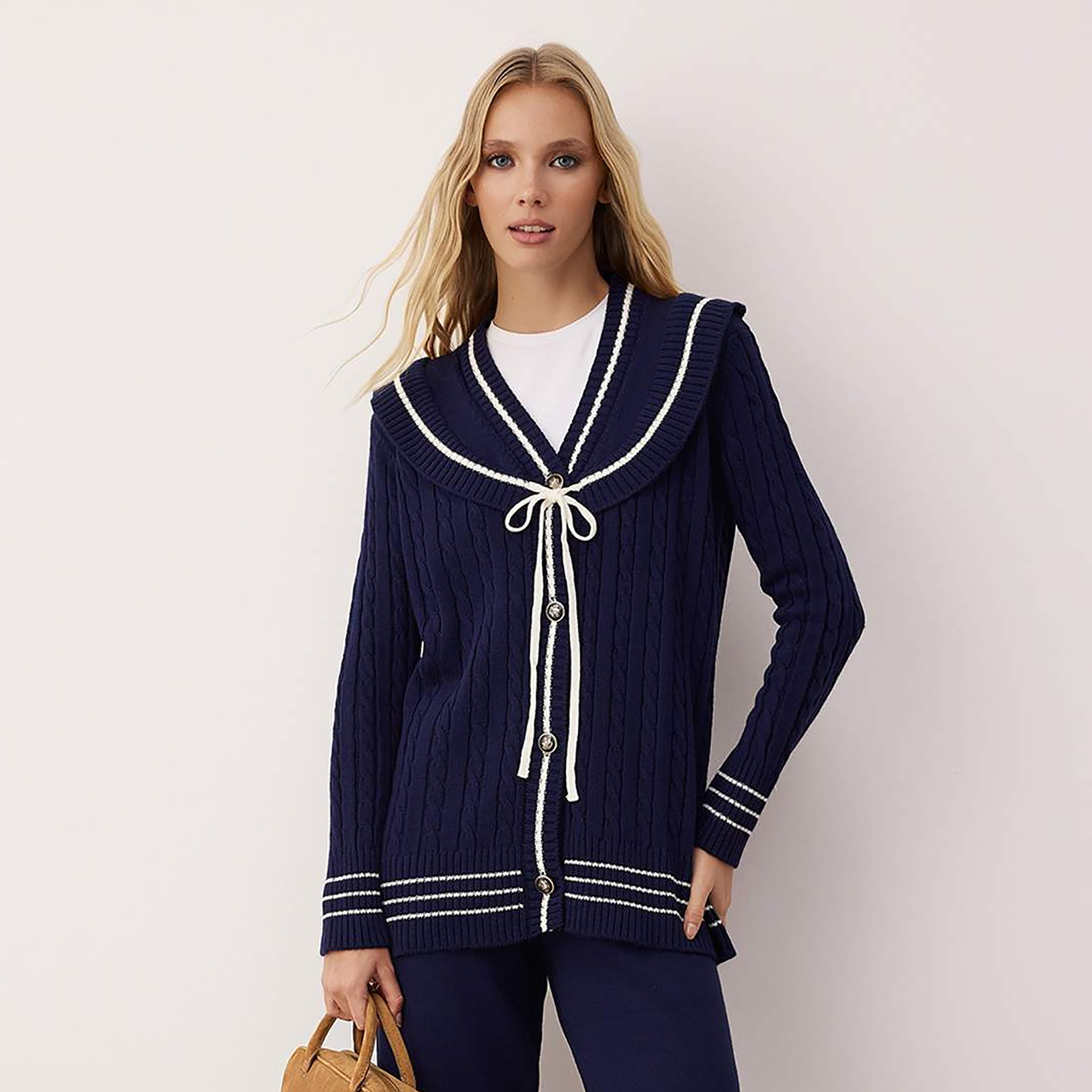 Trendyol Modest Navy Cable Knitted Women's Cardigan & Pants Set-women-clothing-coordsets-image-2