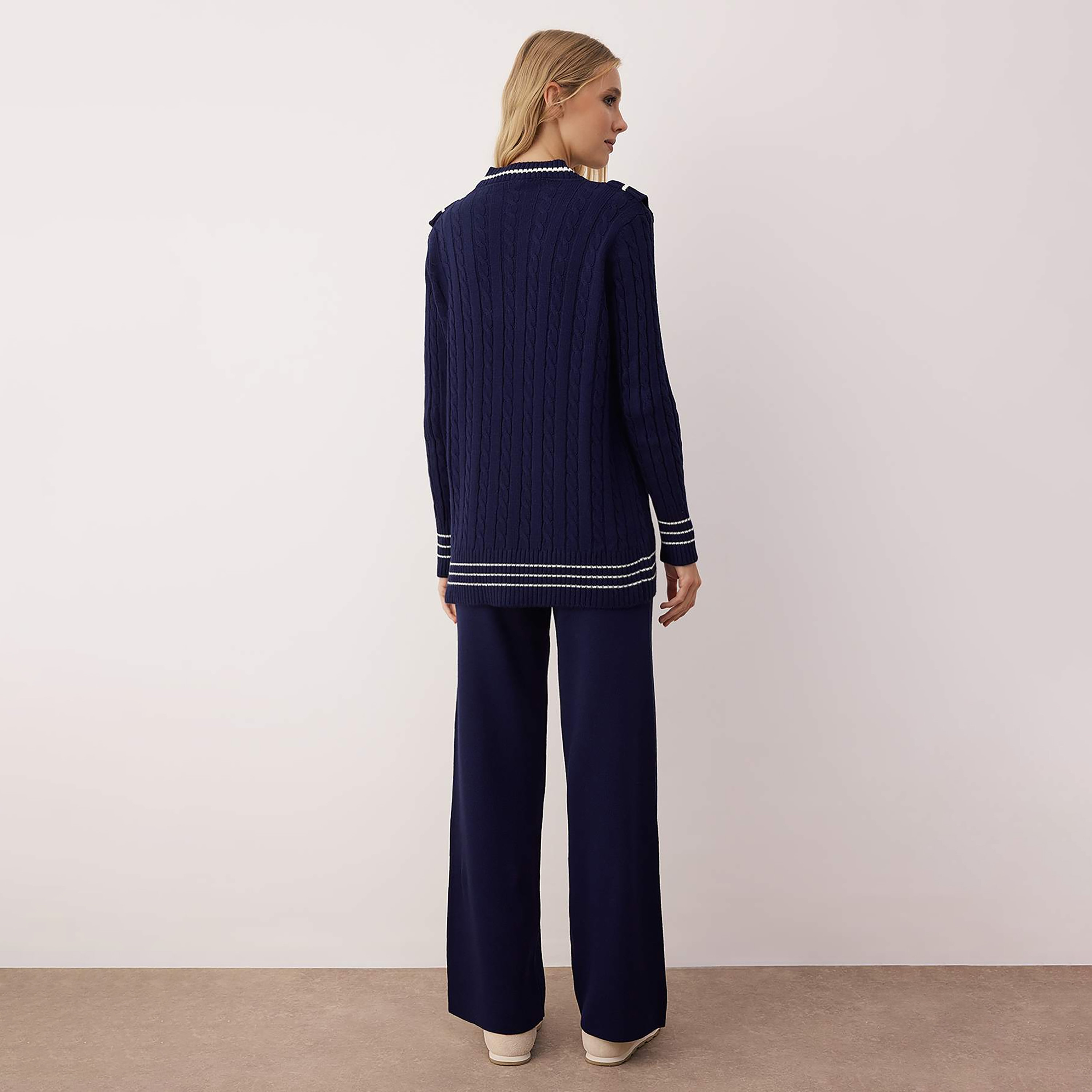 Trendyol Modest Navy Cable Knitted Women's Cardigan & Pants Set-women-clothing-coordsets-image-4