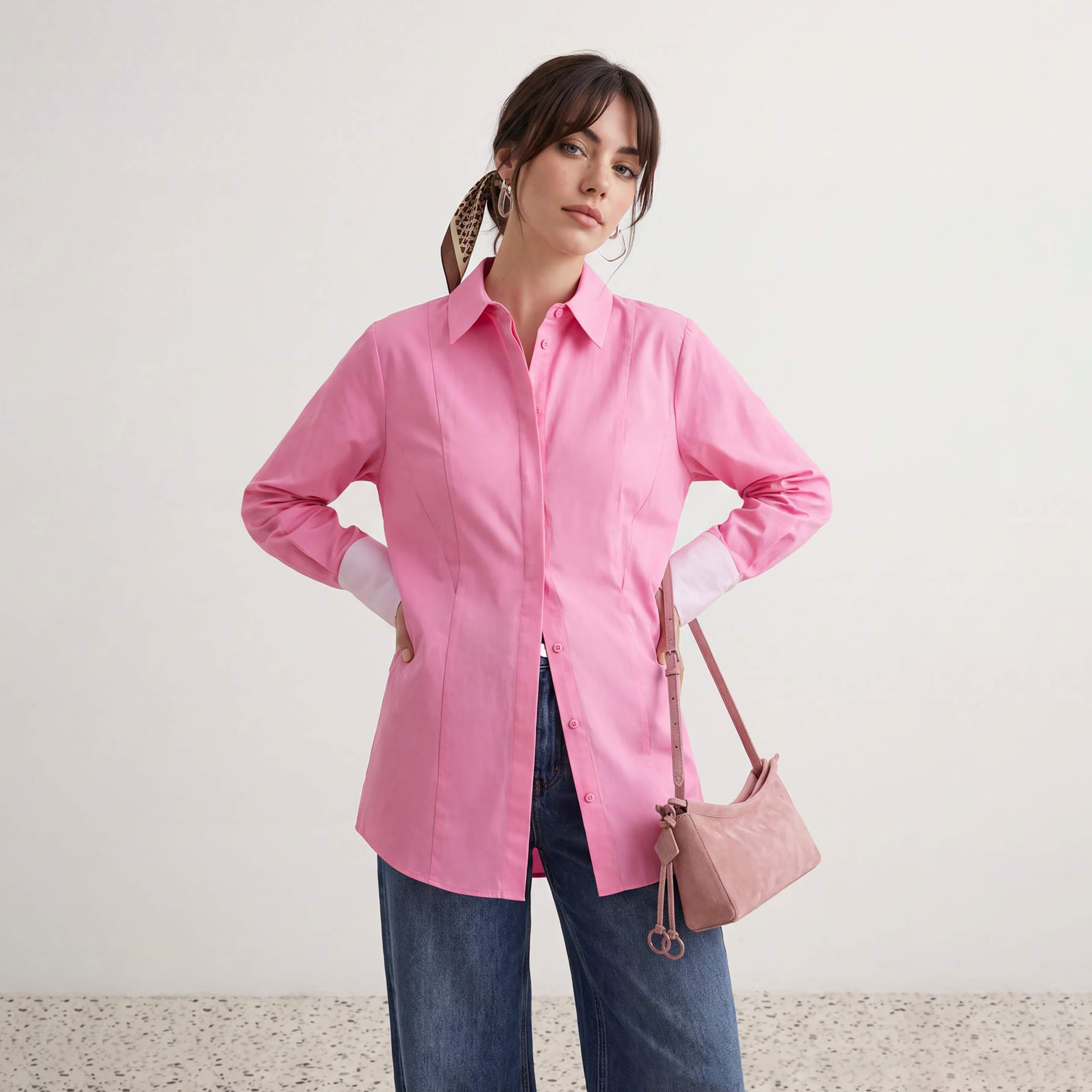 قميص حريمي محتشم وردي بياقة وأساور أكمام متباينة من ترينديول-women-clothing-shirtsandblouses-shirts-image-2