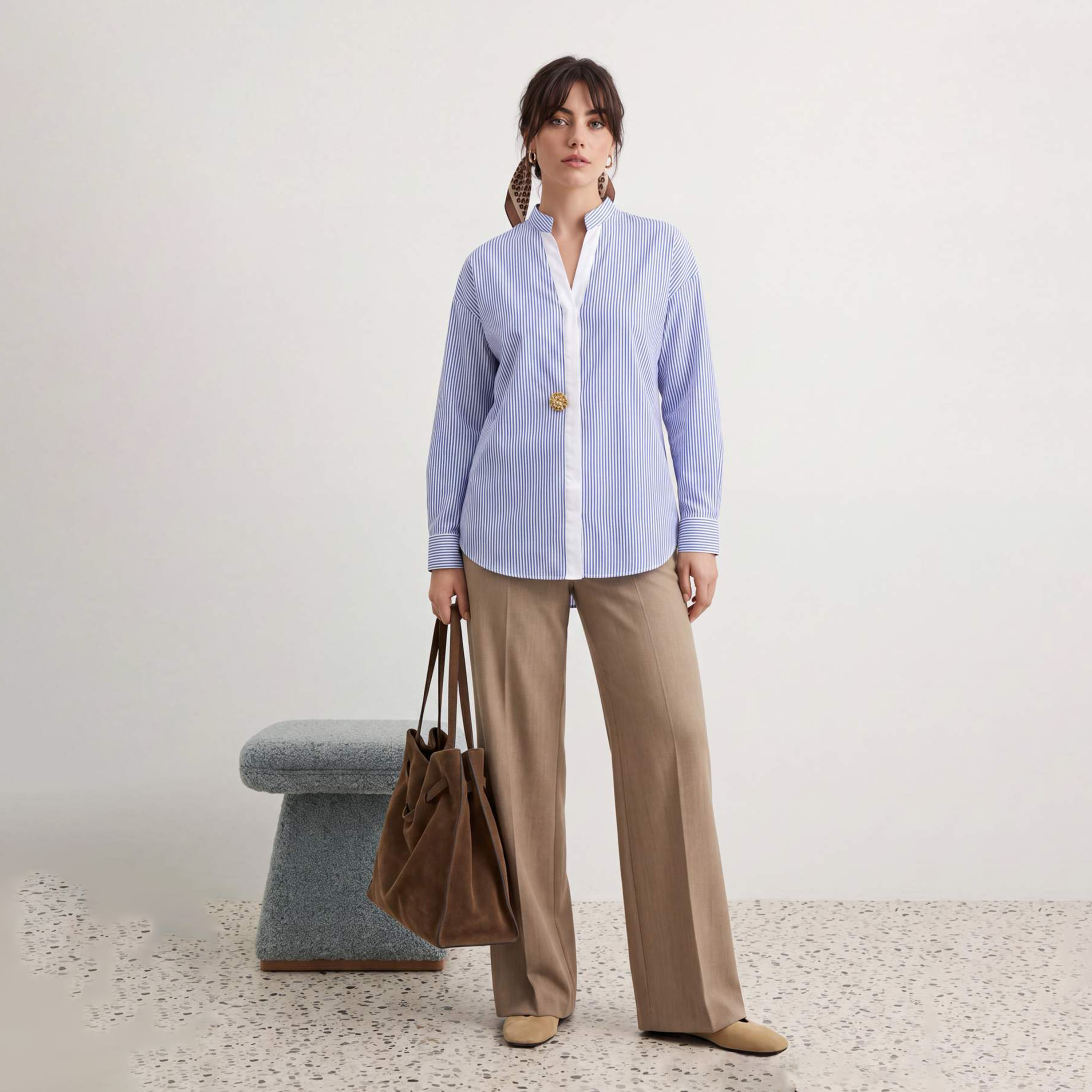 قميص حريمي أزرق مخطط بياقة ماندرين وأكمام مسدلة من ترينديول موديست-women-clothing-shirtsandblouses-shirts-image-2