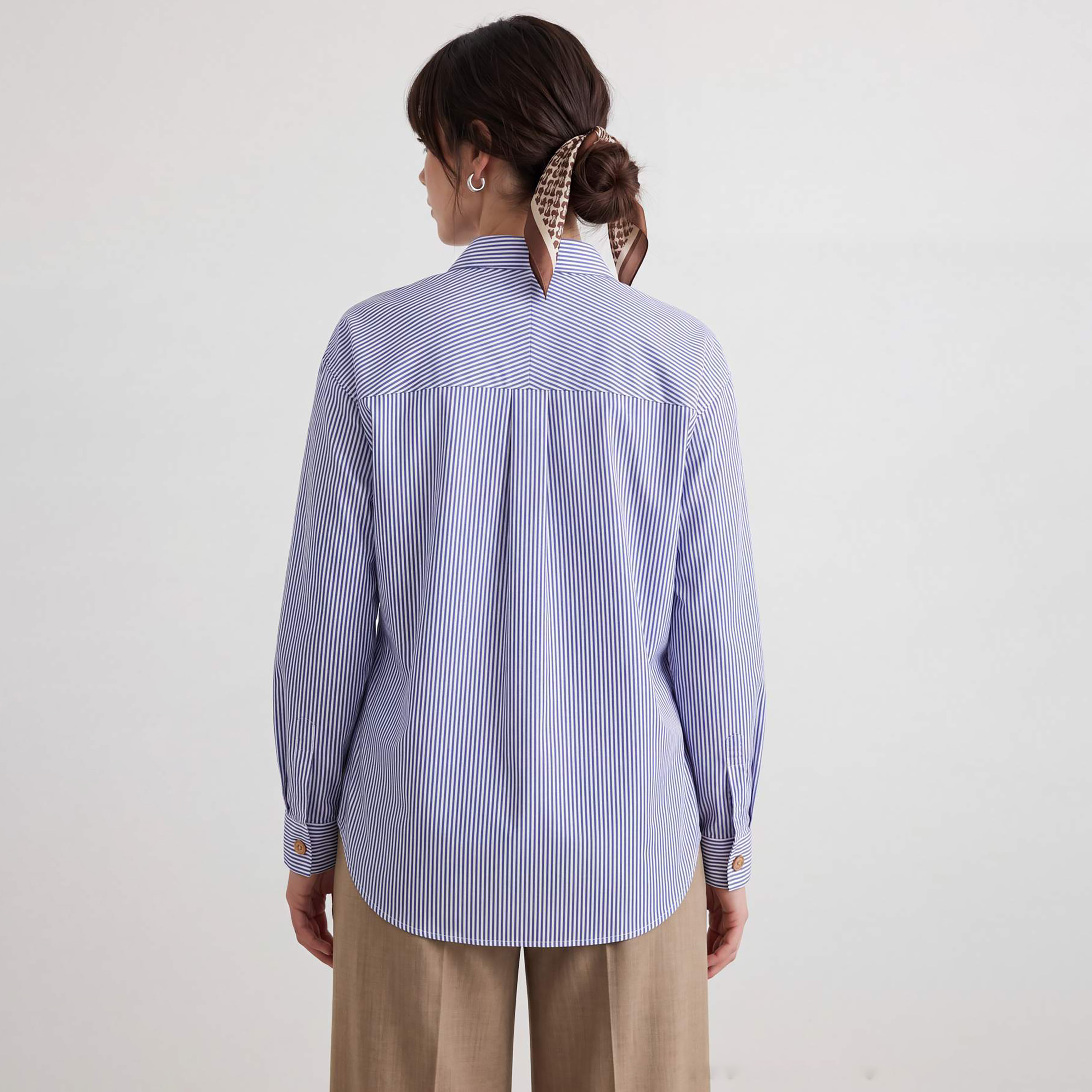 قميص حريمي أزرق مخطط بياقة ماندرين وأكمام مسدلة من ترينديول موديست-women-clothing-shirtsandblouses-shirts-image-3