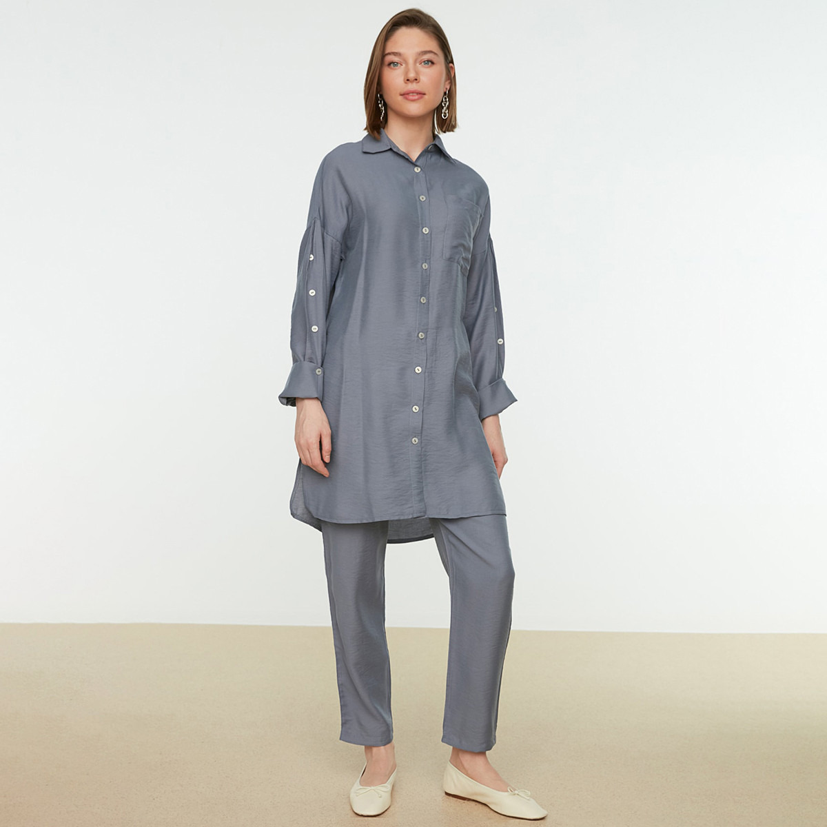 Trendyol Modest Women Solid Buttoned Long Shirt-Pant Set-women-clothing-coordsets-image-1