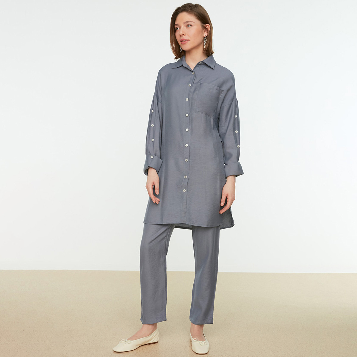 Trendyol Modest Women Solid Buttoned Long Shirt-Pant Set-women-clothing-coordsets-image-2