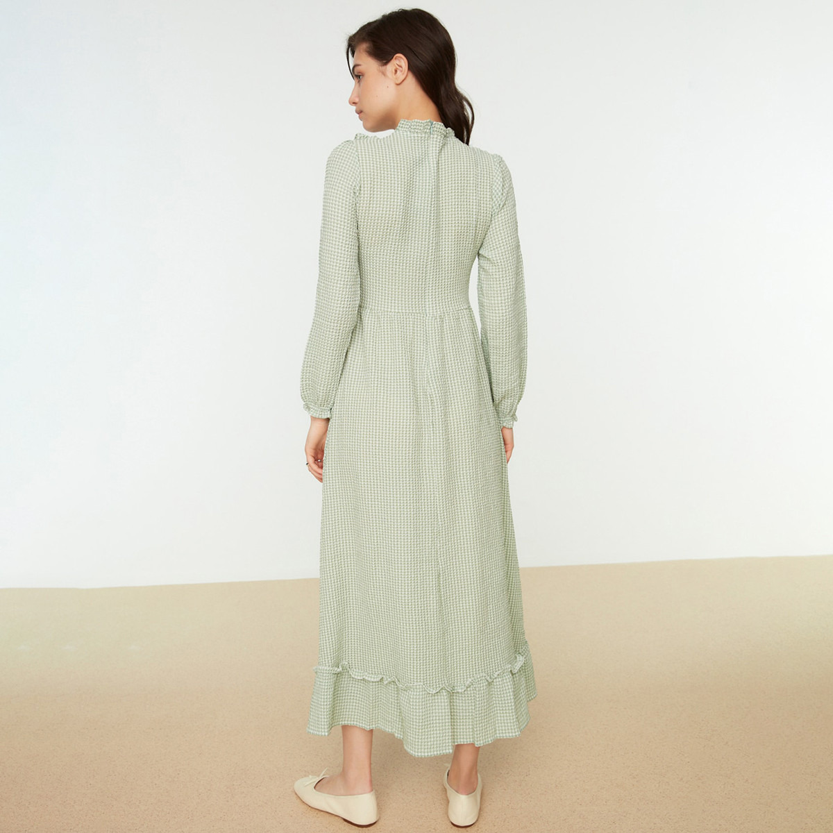 Trendyol Modest Women Checked Back Zippered Ruffled Neck Dress-women-clothing-dresses-image-5