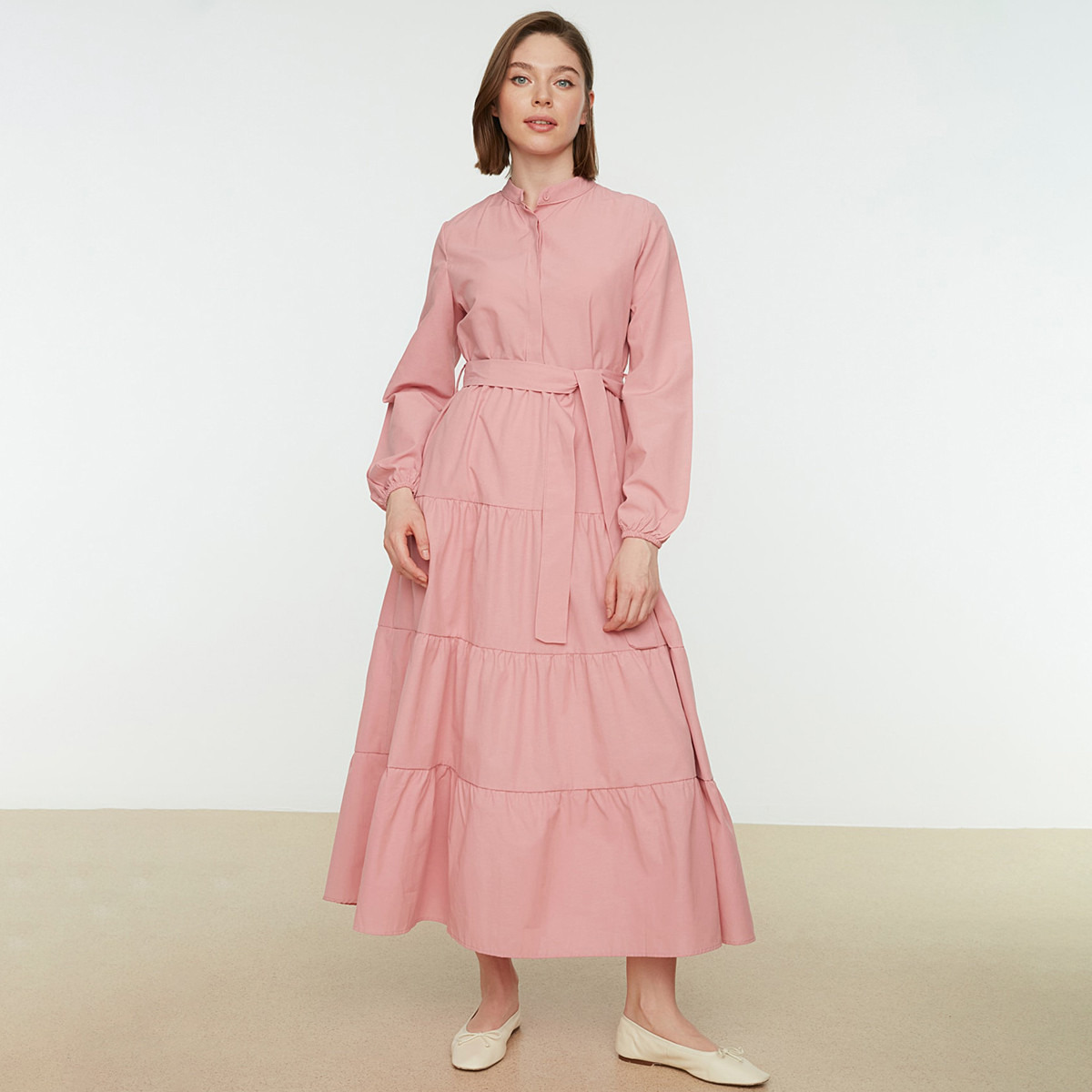 Trendyol Modest Women Solid Mandarin Neck Dress-women-clothing-dresses-image-2