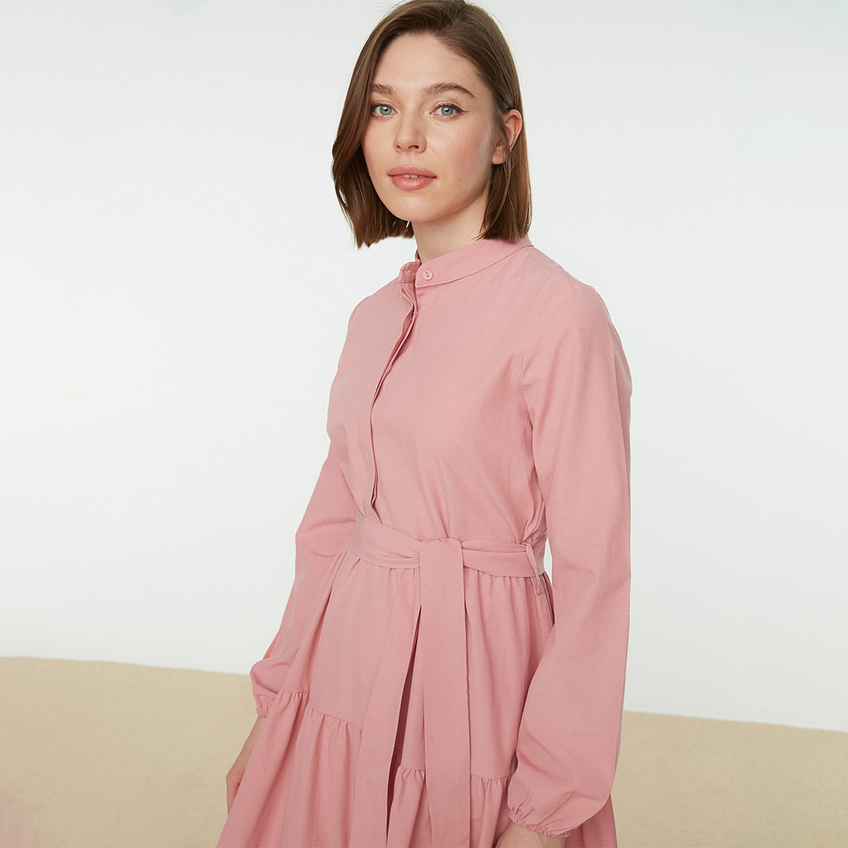 Trendyol Modest Women Solid Mandarin Neck Dress-women-clothing-dresses-image-3