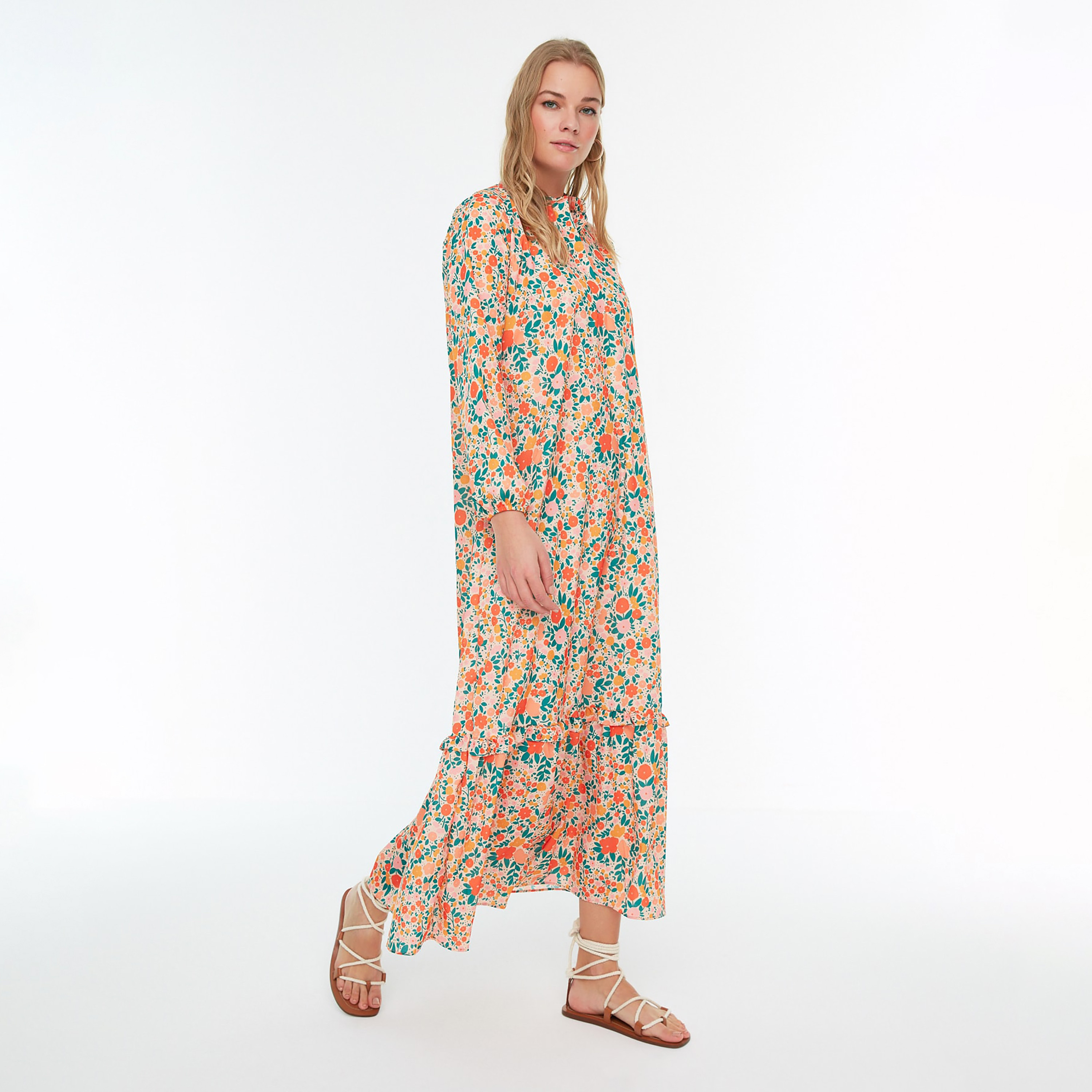 Trendyol Modest Floral Print Ruffled Neck Tiered Women's Maxi Dress-women-clothing-dresses-image-3