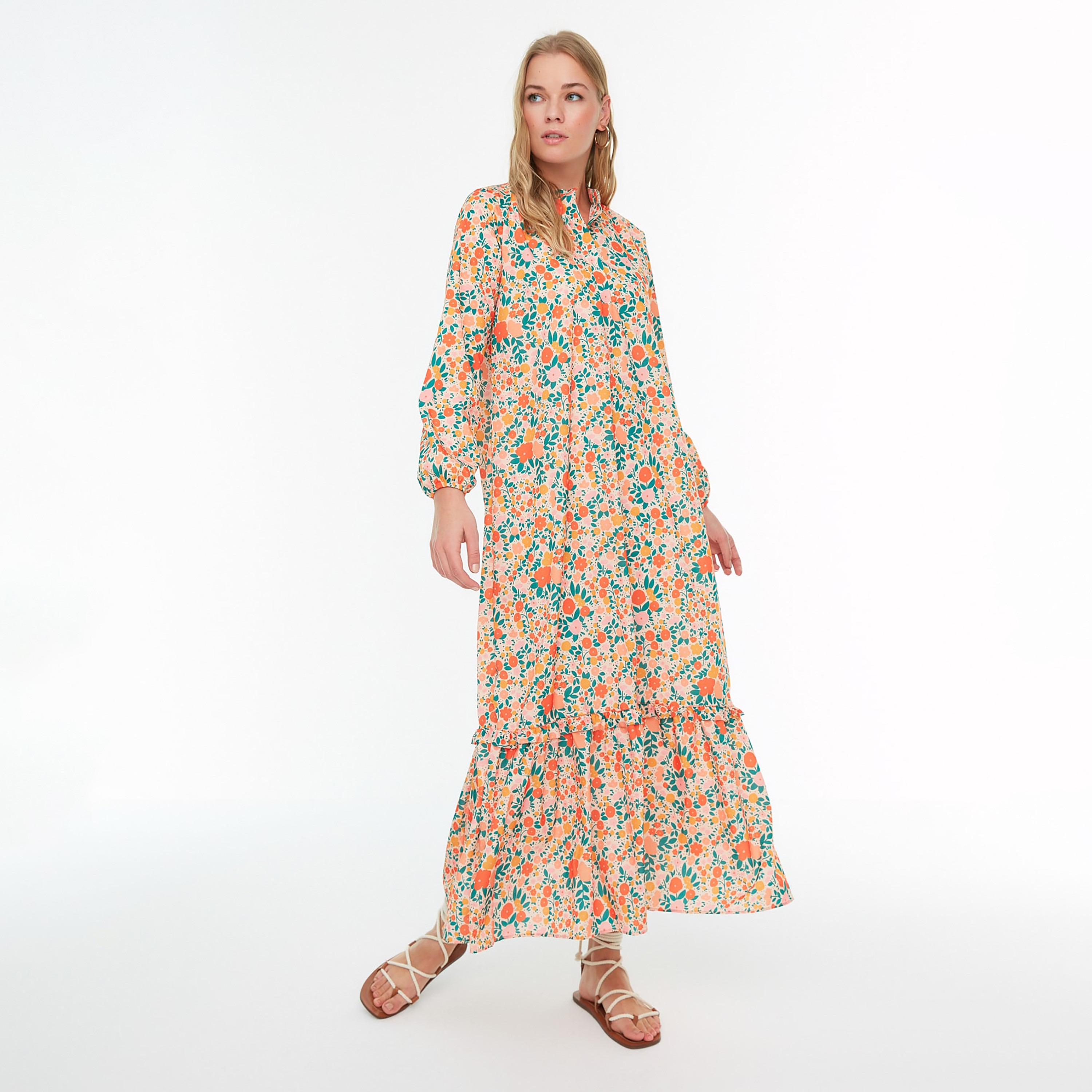 Trendyol Modest Floral Print Ruffled Neck Tiered Women's Maxi Dress-women-clothing-dresses-image-7