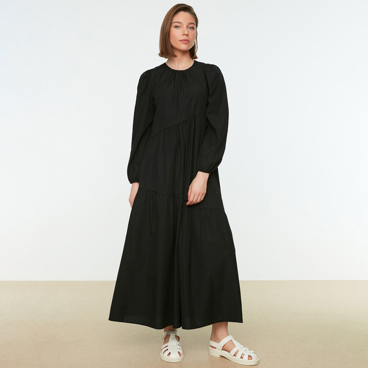Trendyol Modest Women Solid Balloon Sleeve Back Zippered Dress-women-clothing-dresses-image-1