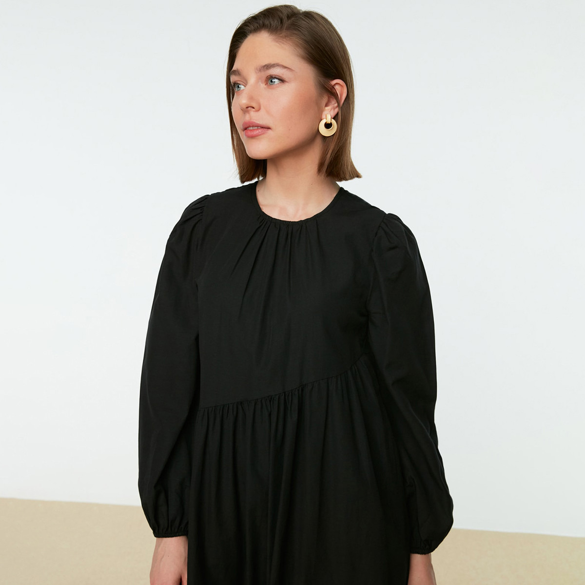 Trendyol Modest Women Solid Balloon Sleeve Back Zippered Dress-women-clothing-dresses-image-2